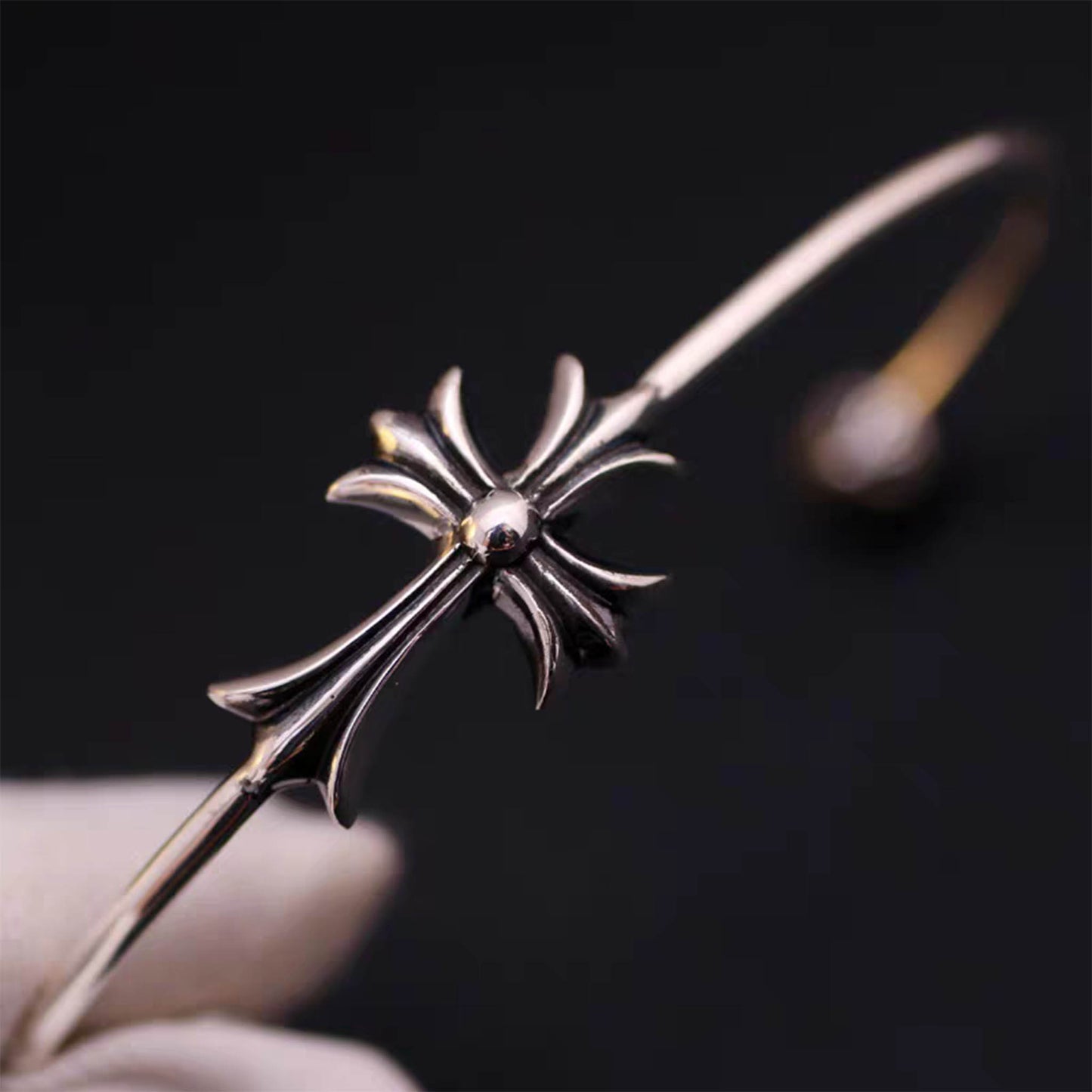 Chrome Hearts Sterling Silver Open Bracelet, Gothic Cross Bangle, Punk Statement Bracelets