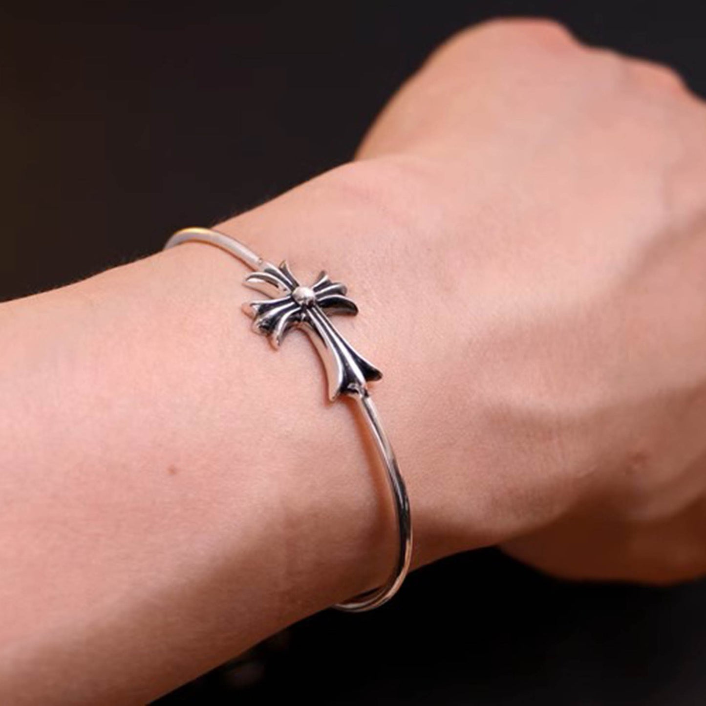 Chrome Hearts Sterling Silver Open Bracelet, Gothic Cross Bangle, Punk Statement Bracelets