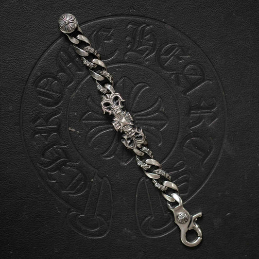 Chrome Hearts Flame Vine Cross Cuban Link Chunky Bracelet, 925 Silver Punk Statement Clip-on Chain Bracelets