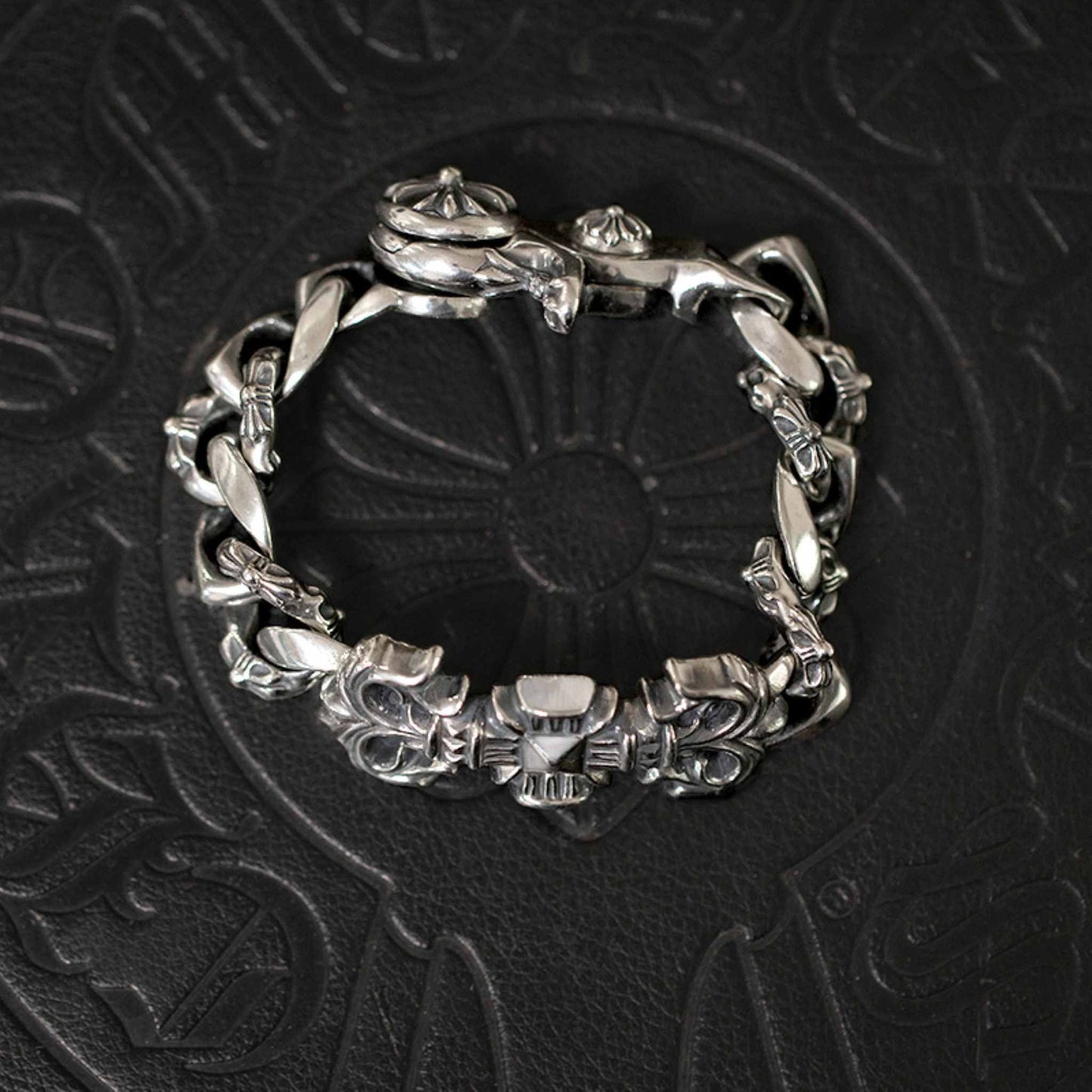 Chrome Hearts Flame Vine Cross Cuban Link Chunky Bracelet, 925 Silver Punk Statement Clip-on Chain Bracelets