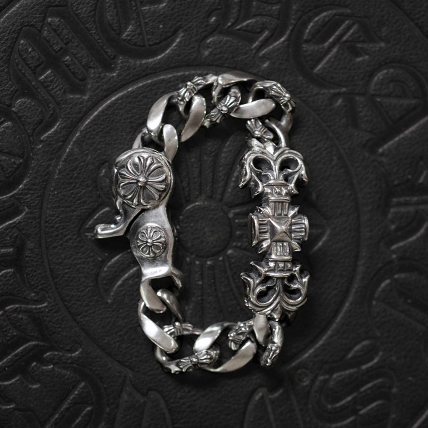 Chrome Hearts Flame Vine Cross Cuban Link Chunky Bracelet, 925 Silver Punk Statement Clip-on Chain Bracelets