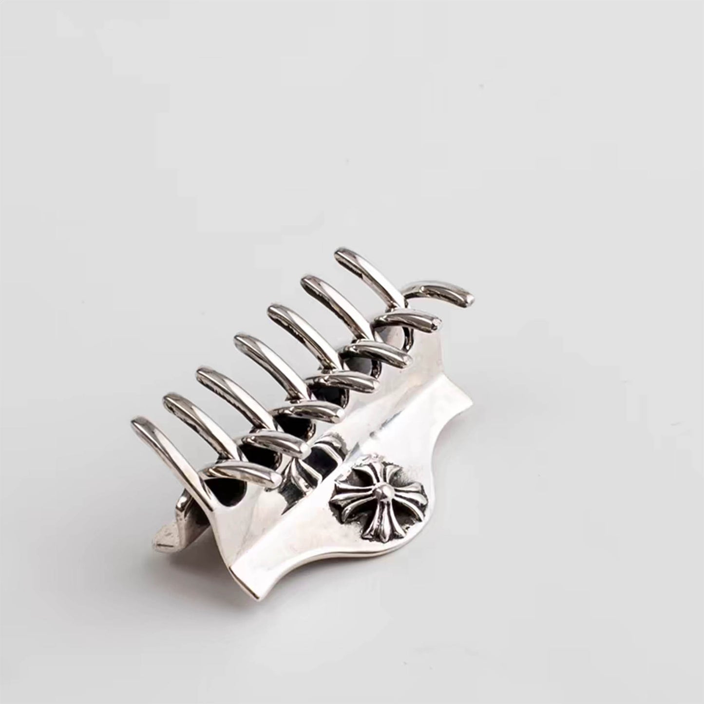Chrome Hearts Gothic Cross Hair Claw Clip, Punk Statement Hairpin Sterling Silver Accessories