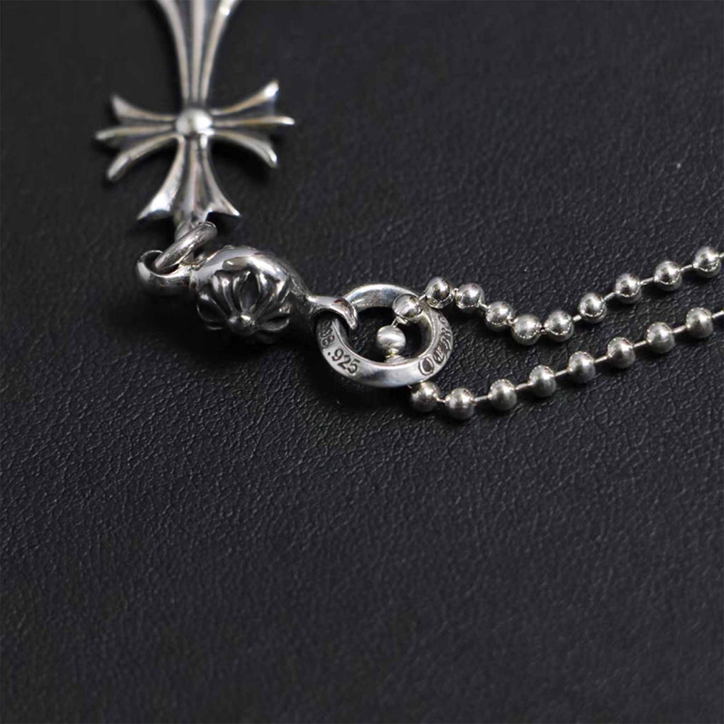 Chrome Hearts Gothic Cross Pendant Necklace, Sterling Silver Cross Charm Ball Chain Necklace