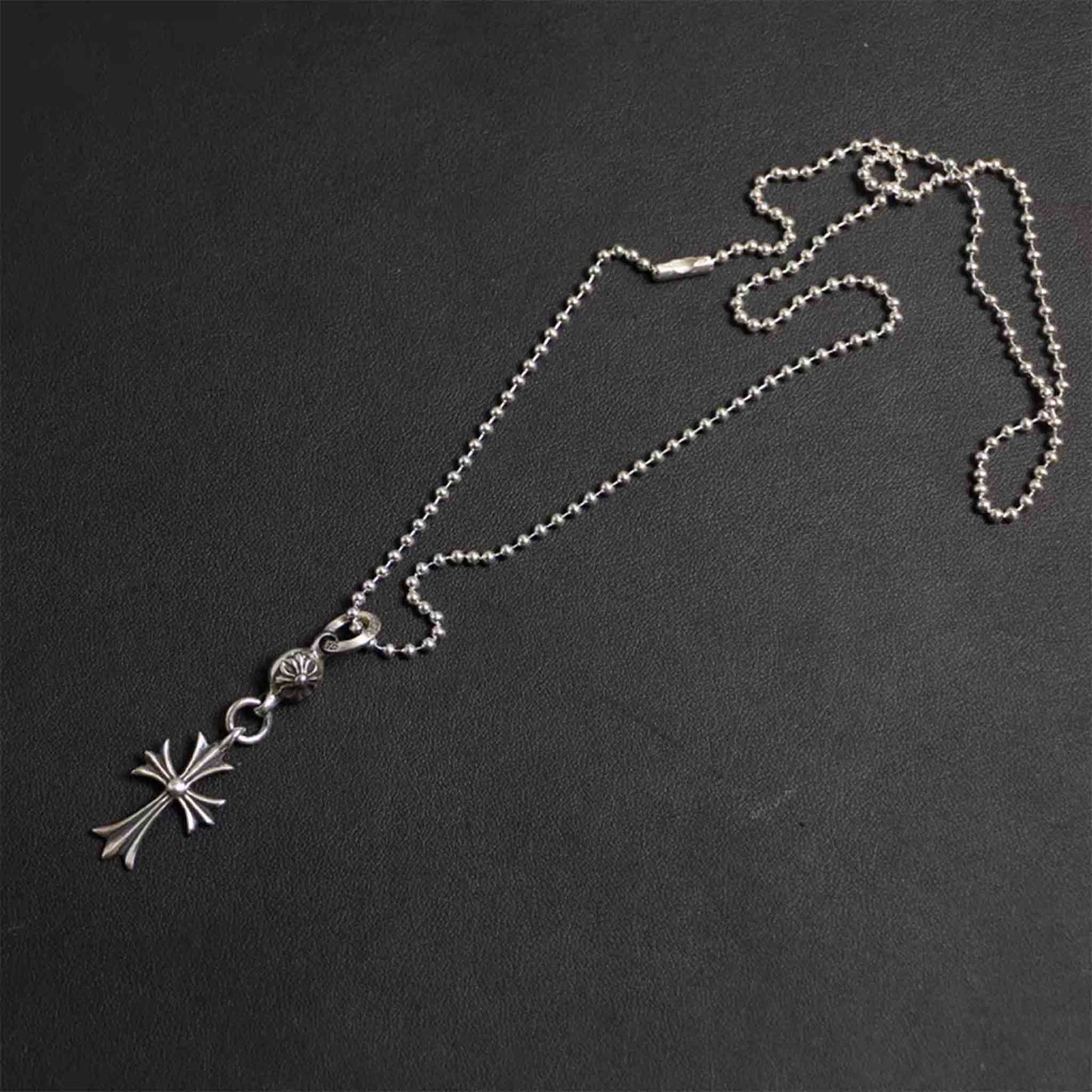 Chrome Hearts Gothic Cross Pendant Necklace, Sterling Silver Cross Charm Ball Chain Necklace