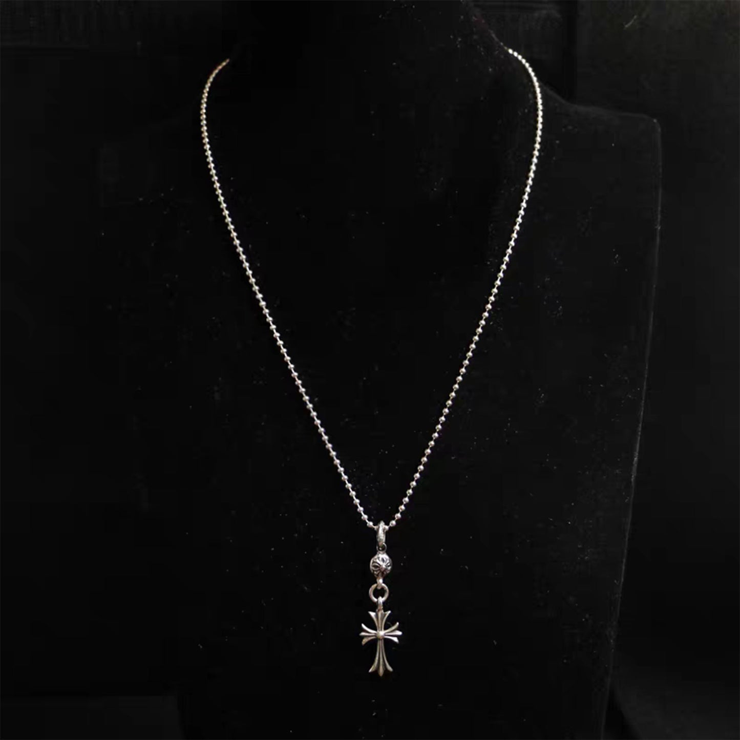 Chrome Hearts Gothic Cross Pendant Necklace, Sterling Silver Cross Charm Ball Chain Necklace