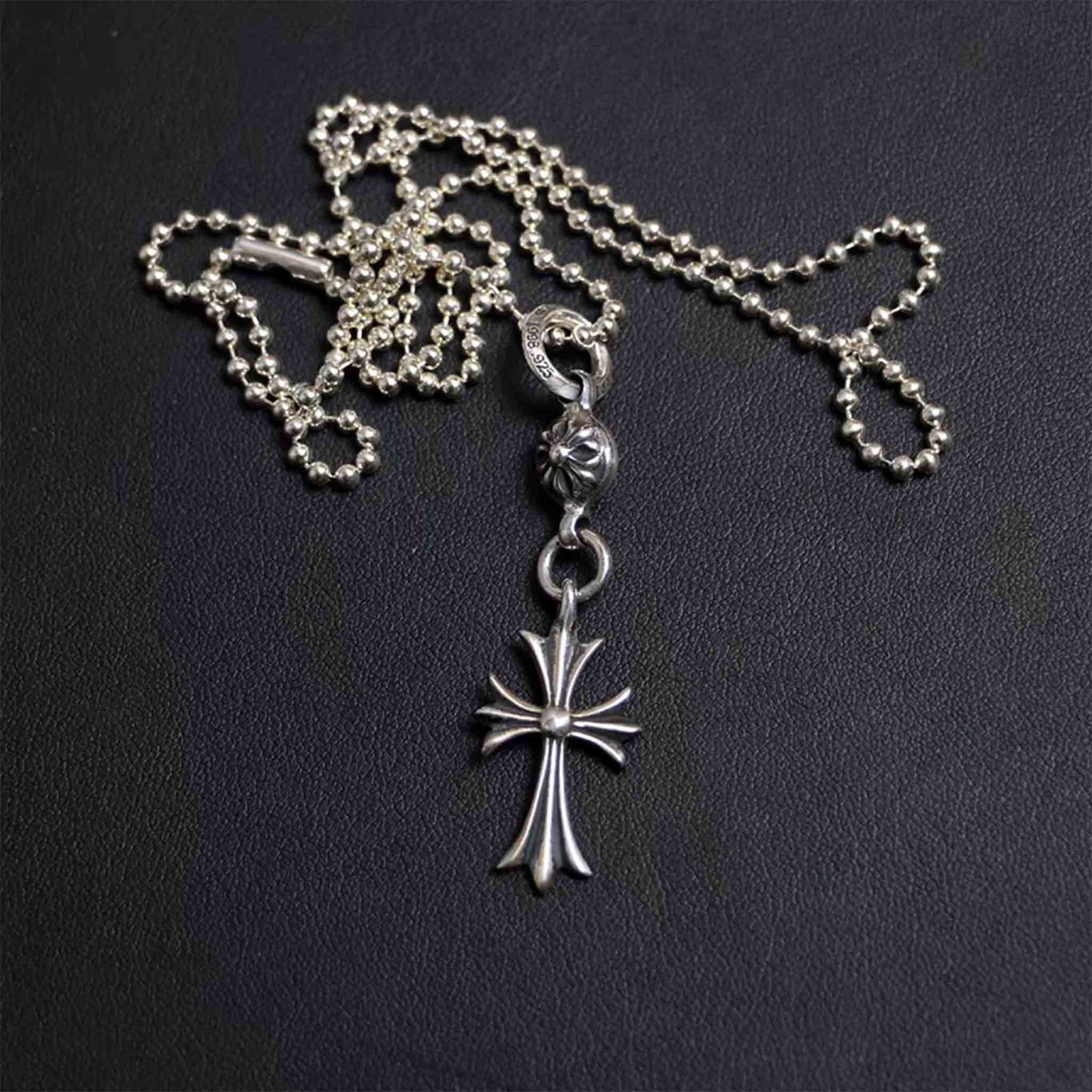 Chrome Hearts Gothic Cross Pendant Necklace, Sterling Silver Cross Charm Ball Chain Necklace