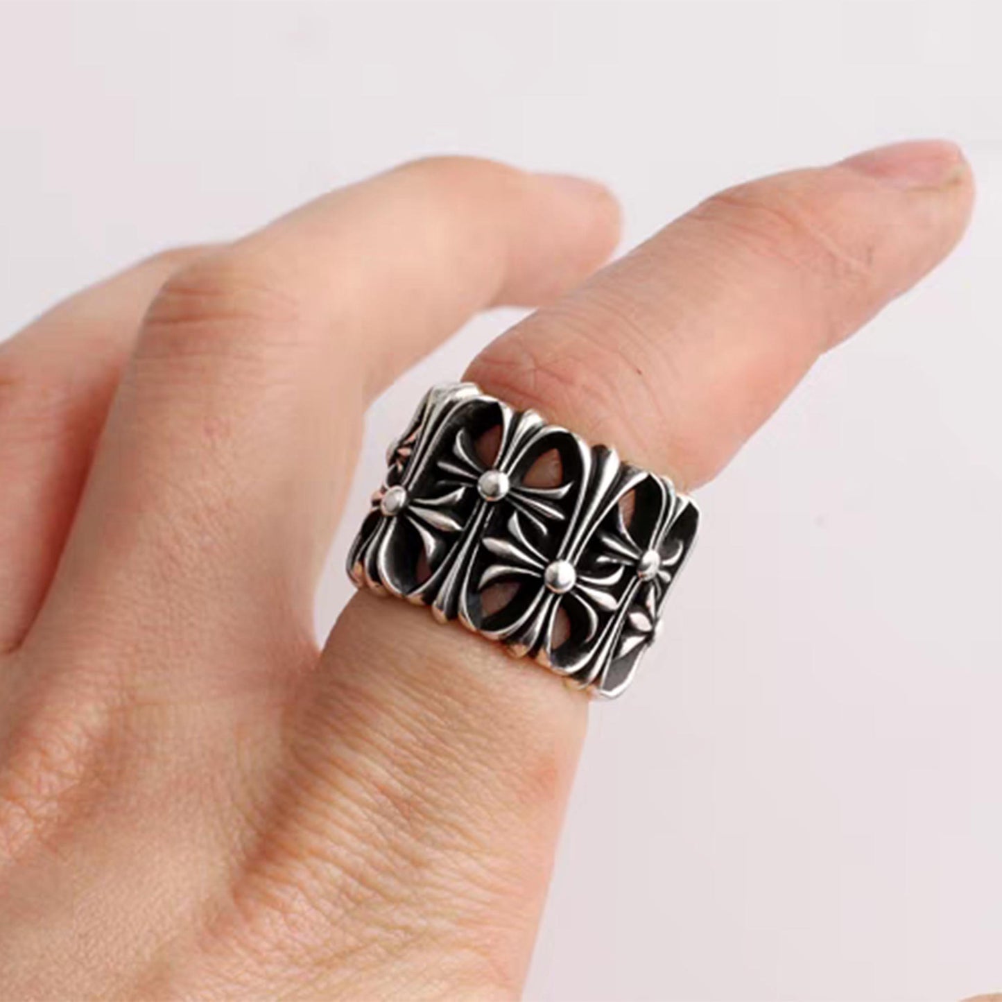 Gothic Cross Cemetery Ring, Sterling Silver Punk Statement Rings for Couples