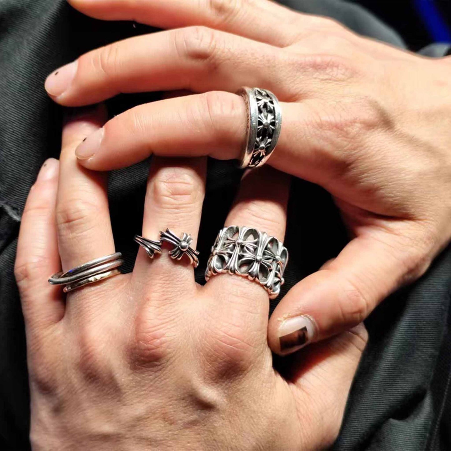 Gothic Cross Cemetery Ring, Sterling Silver Punk Statement Rings for Couples