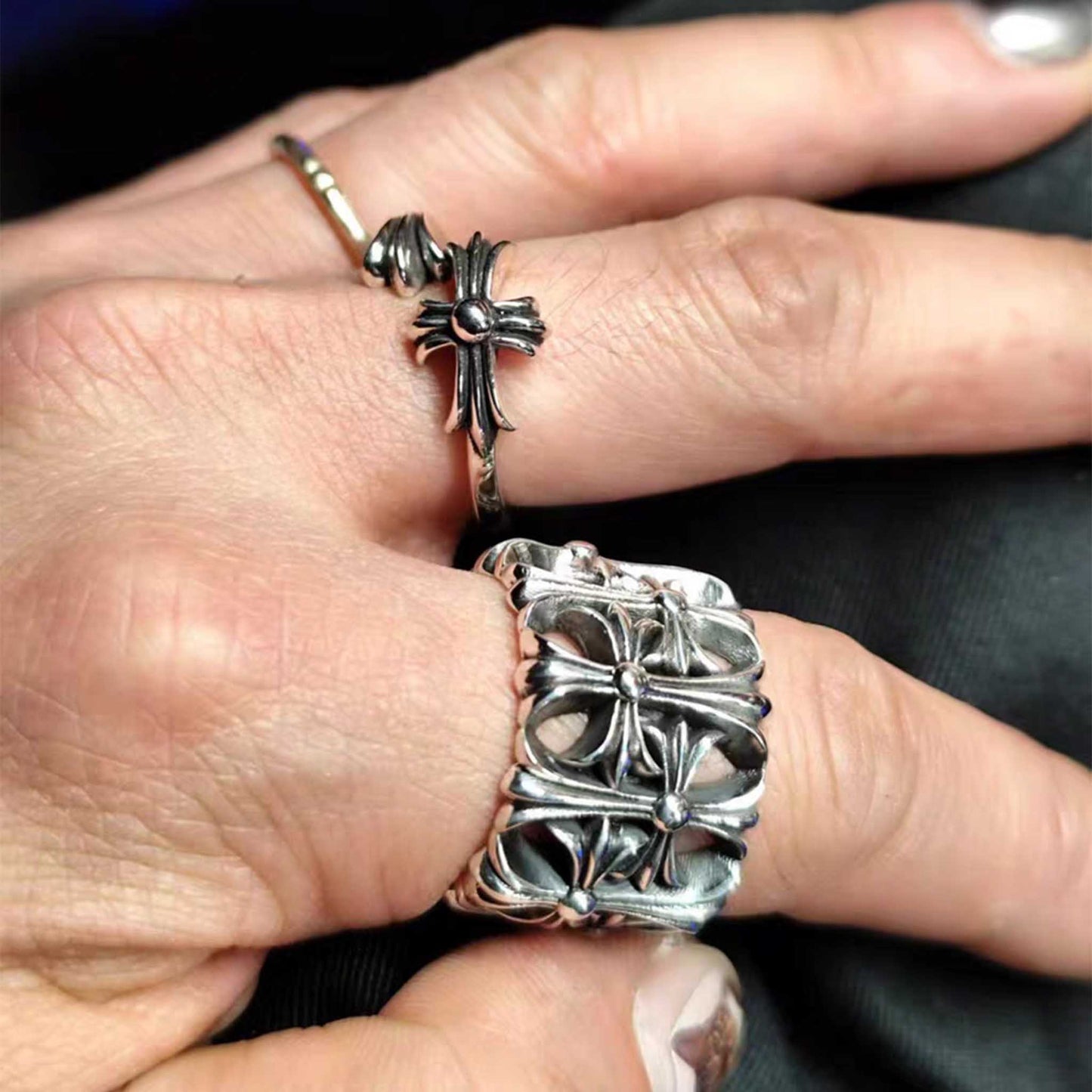 Gothic Cross Cemetery Ring, Sterling Silver Punk Statement Rings for Couples