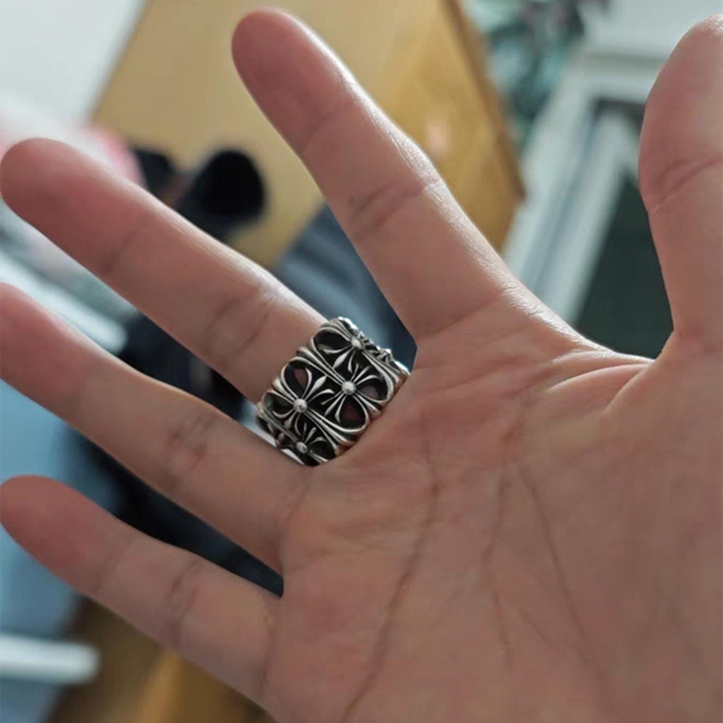 Gothic Cross Cemetery Ring, Sterling Silver Punk Statement Rings for Couples