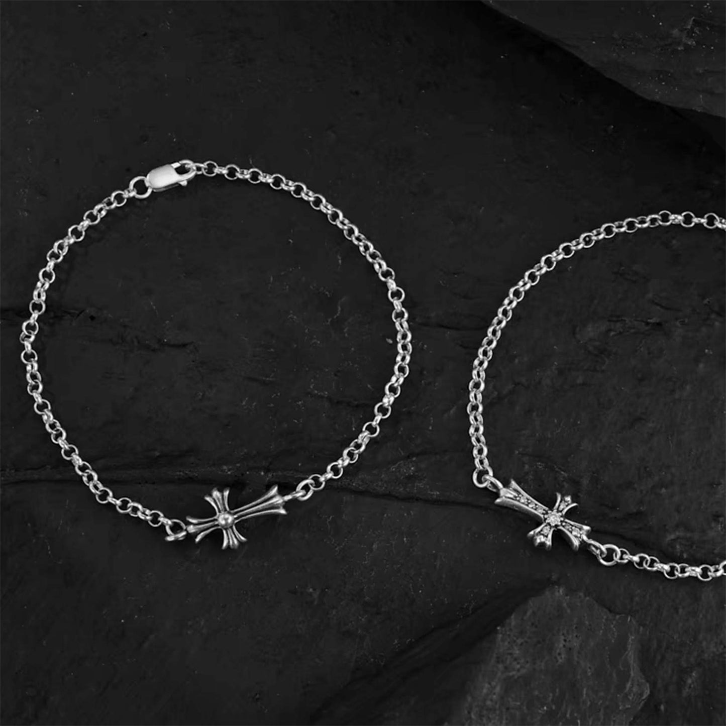 Chrome Hearts Gothic Cross Bracelet, Sterling Silver Rolo Chain Bracelets
