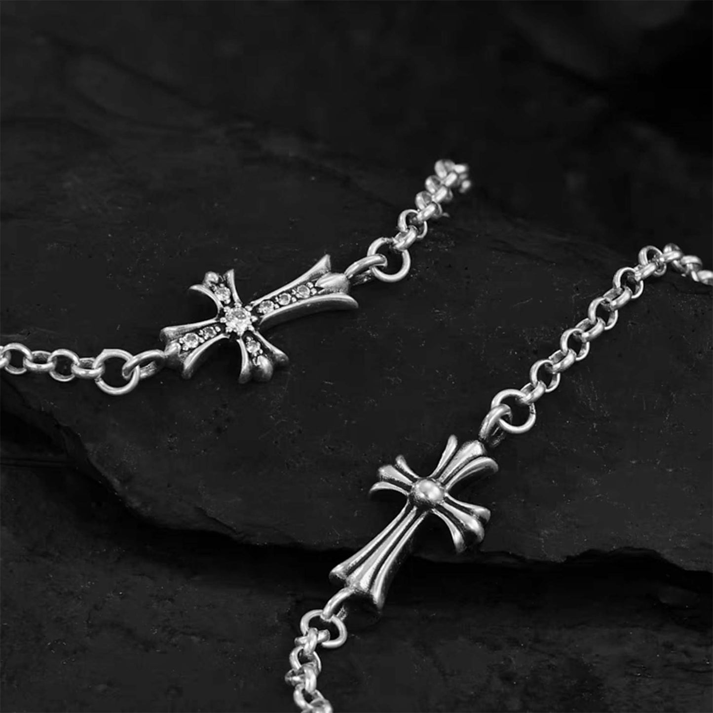 Chrome Hearts Gothic Cross Bracelet, Sterling Silver Rolo Chain Bracelets
