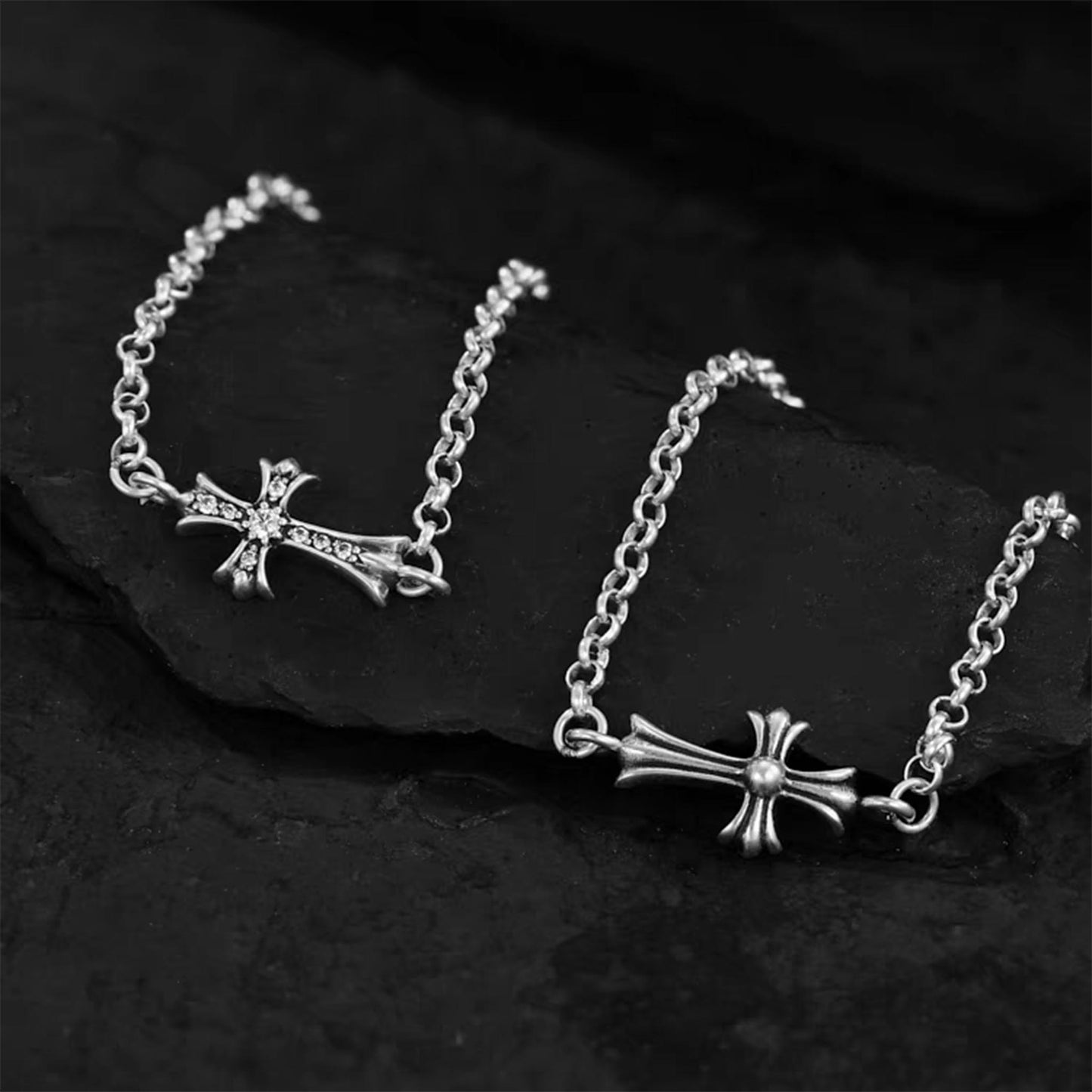 Chrome Hearts Gothic Cross Bracelet, Sterling Silver Rolo Chain Bracelets