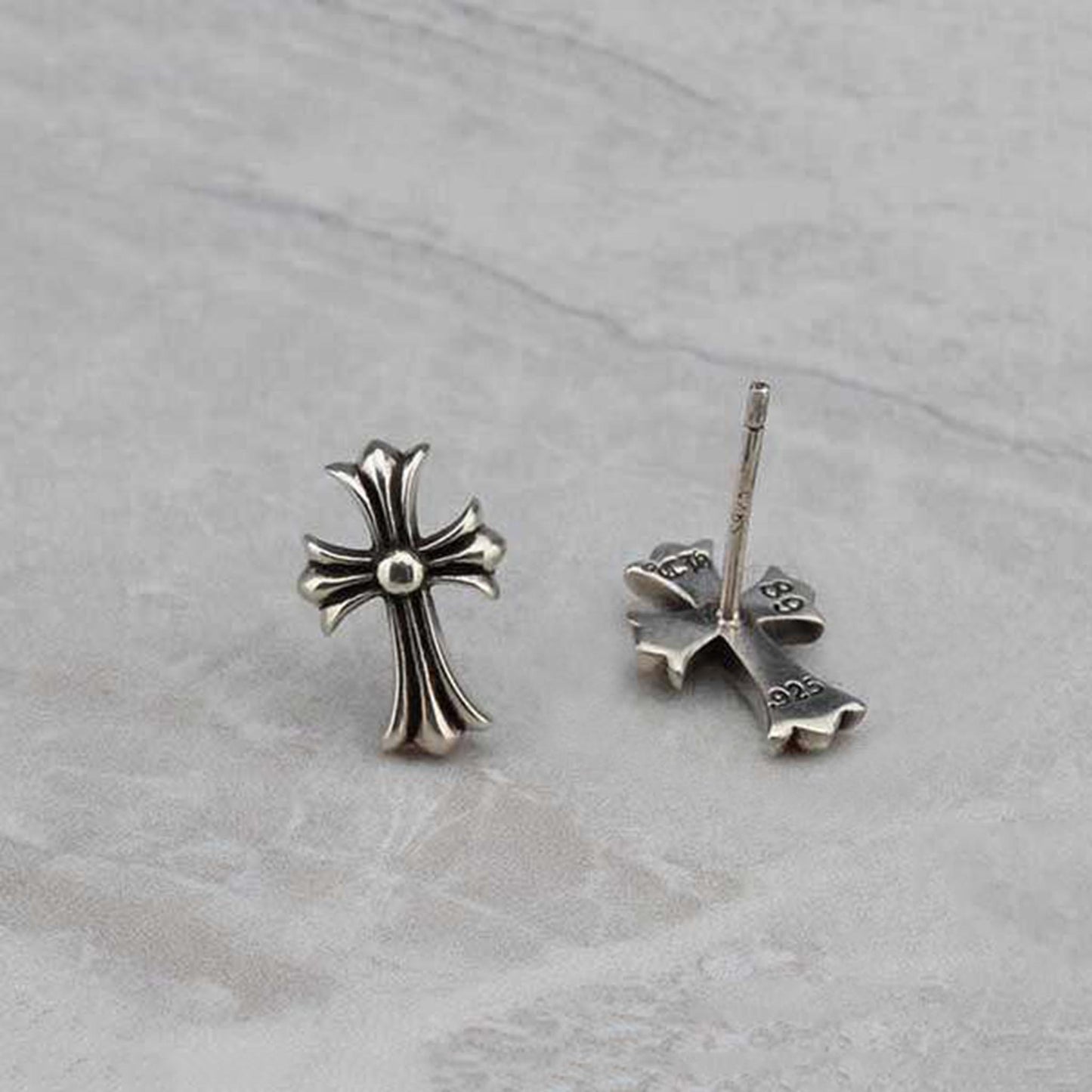 Chrome Hearts Gothic Cross Earrings, CH Sterling Silver Punk Statement Stud Earring