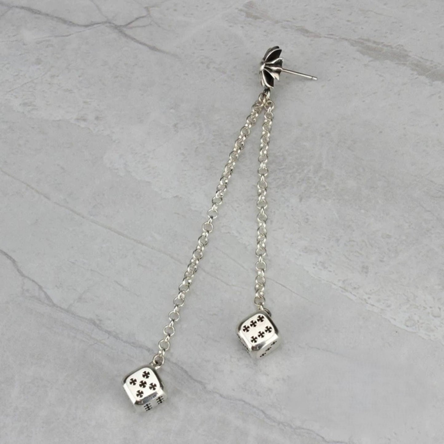 Chrome Hearts Dice Pendants Tassel Earring, CH Sterling Silver Punk Statement Dangle Earrings