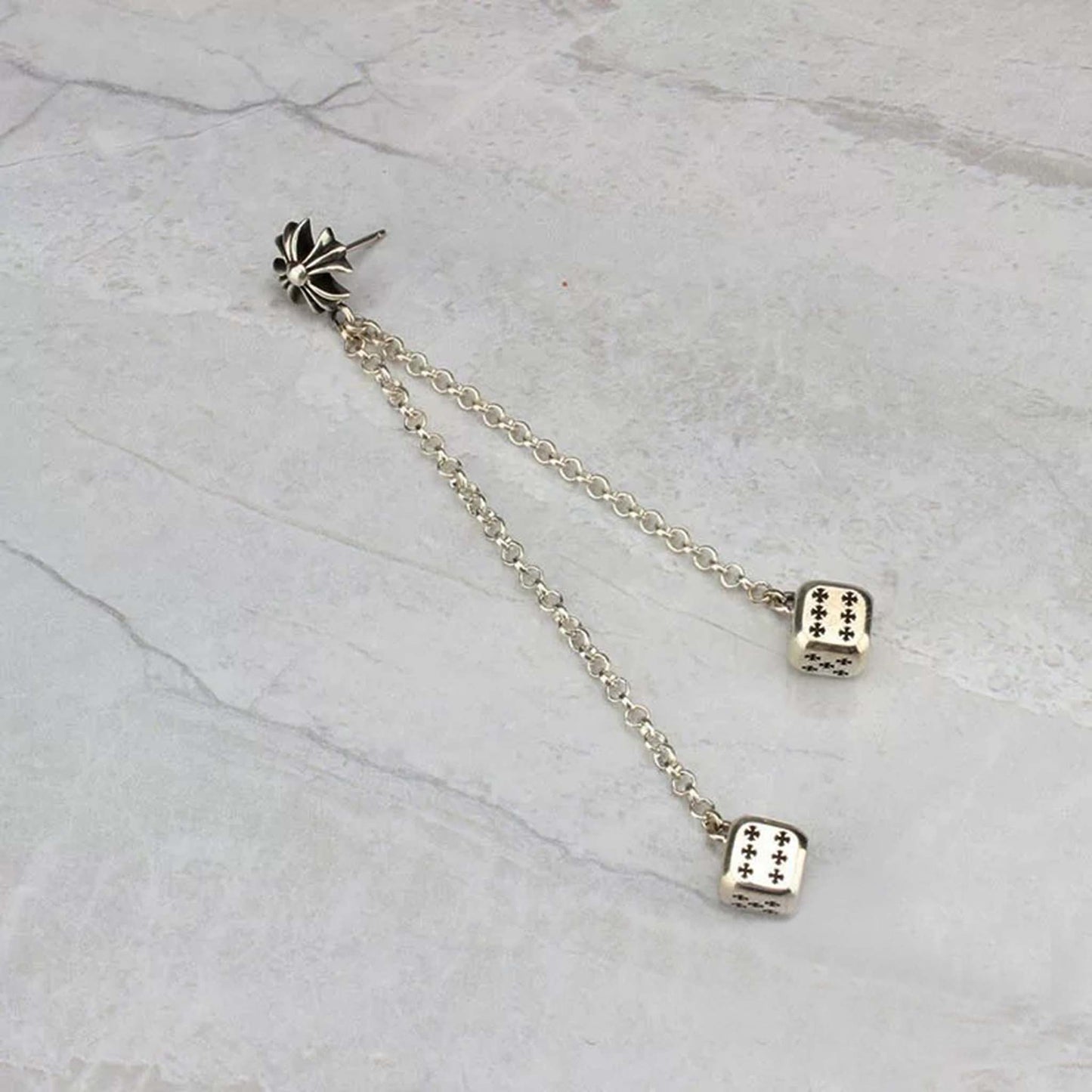 Chrome Hearts Dice Pendants Tassel Earring, CH Sterling Silver Punk Statement Dangle Earrings