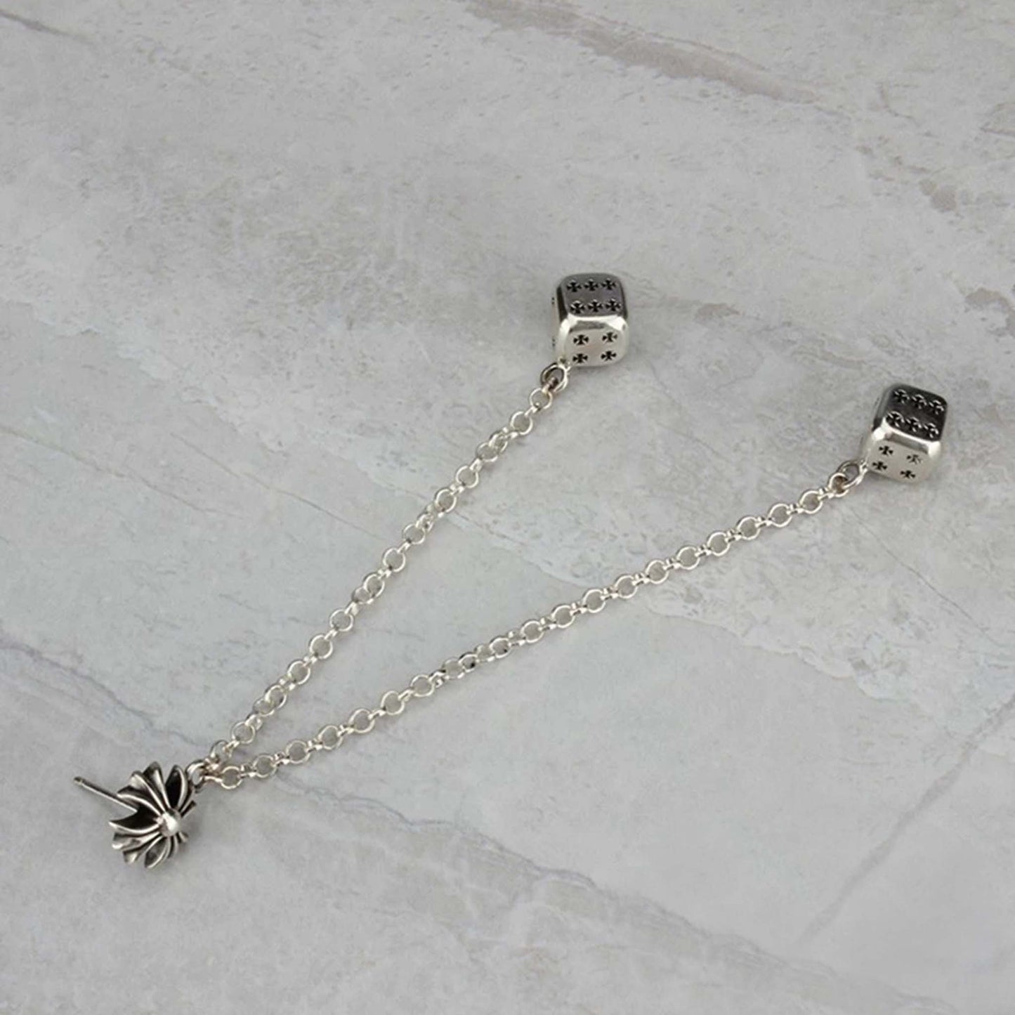 Chrome Hearts Dice Pendants Tassel Earring, CH Sterling Silver Punk Statement Dangle Earrings