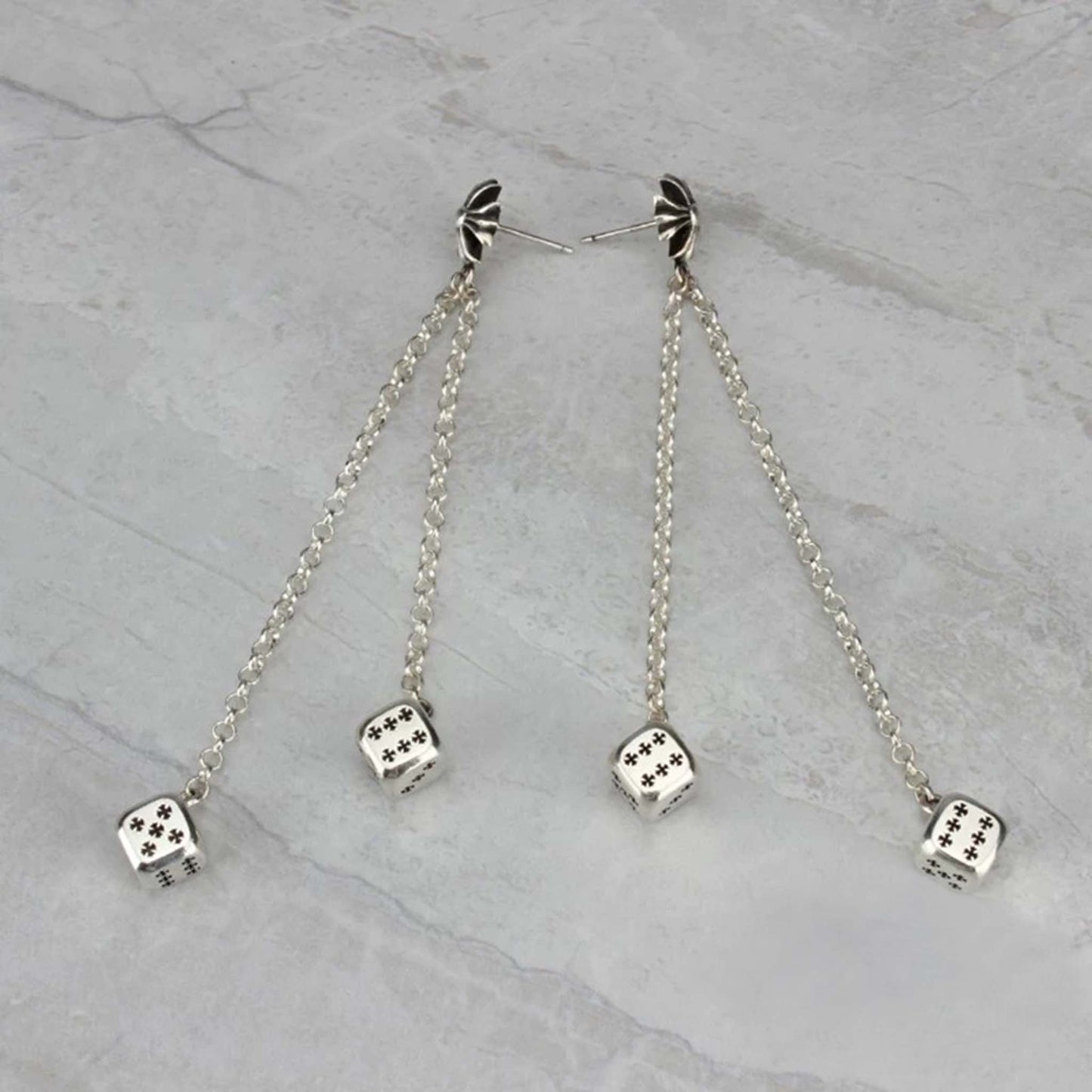 Chrome Hearts Dice Pendants Tassel Earring, CH Sterling Silver Punk Statement Dangle Earrings