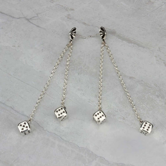 Chrome Hearts Dice Pendants Tassel Earring, CH Sterling Silver Punk Statement Dangle Earrings