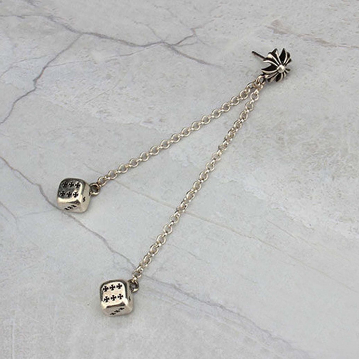 Chrome Hearts Dice Pendants Tassel Earring, CH Sterling Silver Punk Statement Dangle Earrings