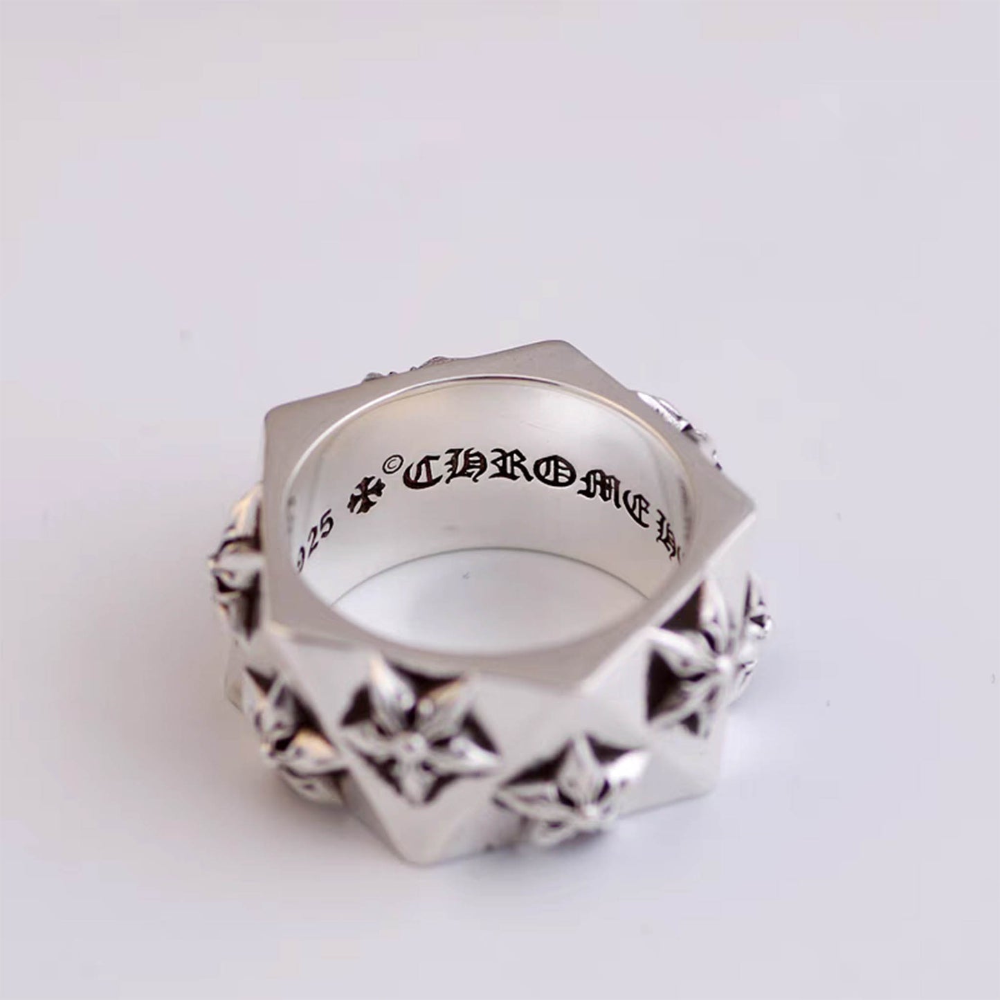 Sterling Silver Gothic Hexagon Star Pentagon Ring, Chrome Hearts Punk Statement Silver Rings
