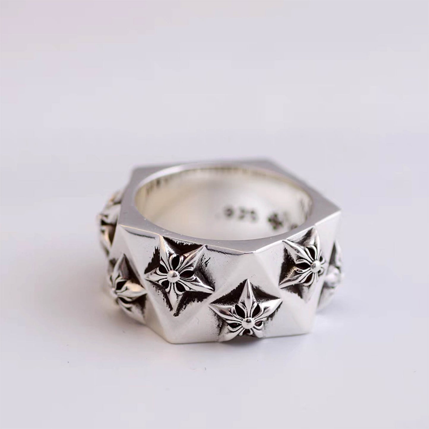 Sterling Silver Gothic Hexagon Star Pentagon Ring, Chrome Hearts Punk Statement Silver Rings