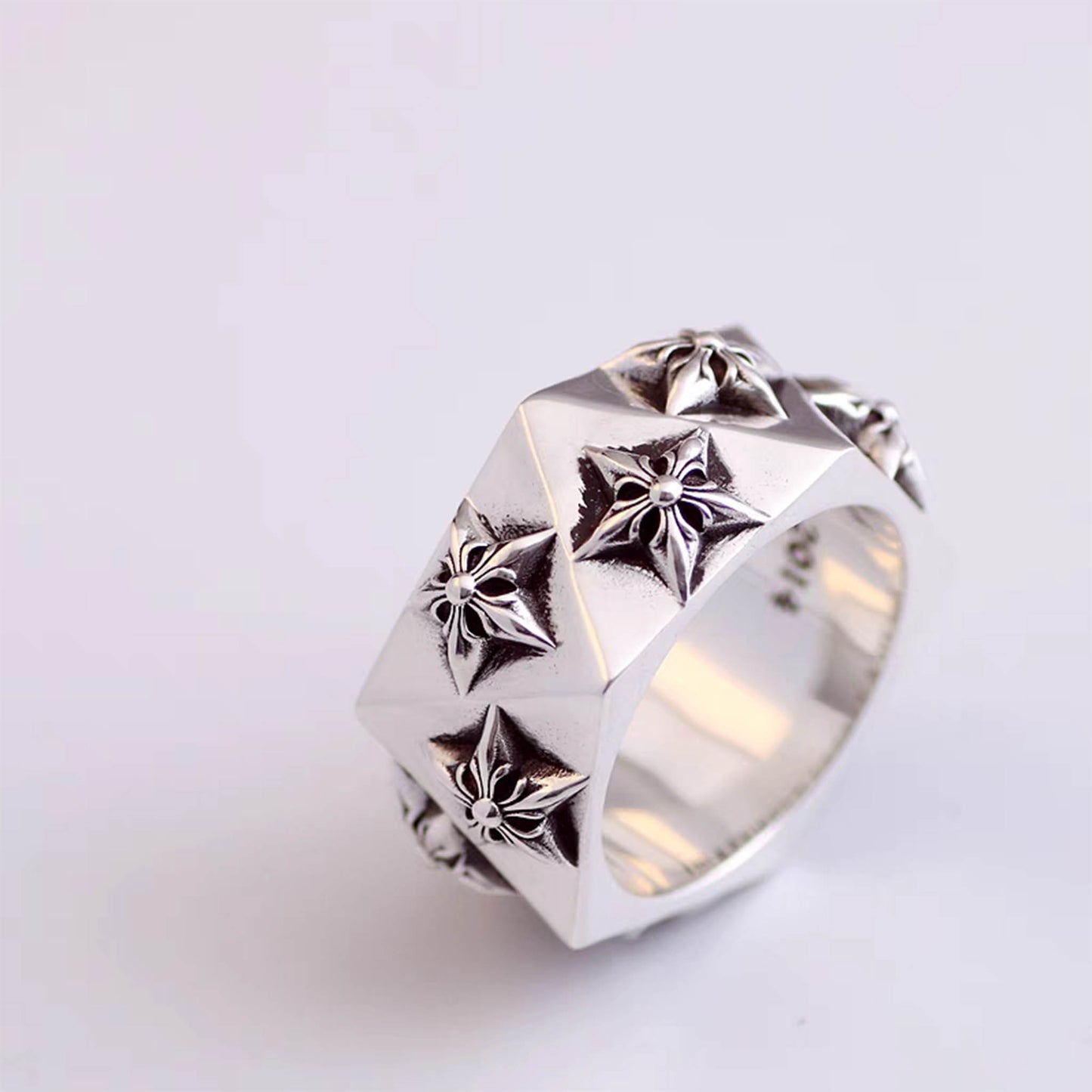 Sterling Silver Gothic Hexagon Star Pentagon Ring, Chrome Hearts Punk Statement Silver Rings