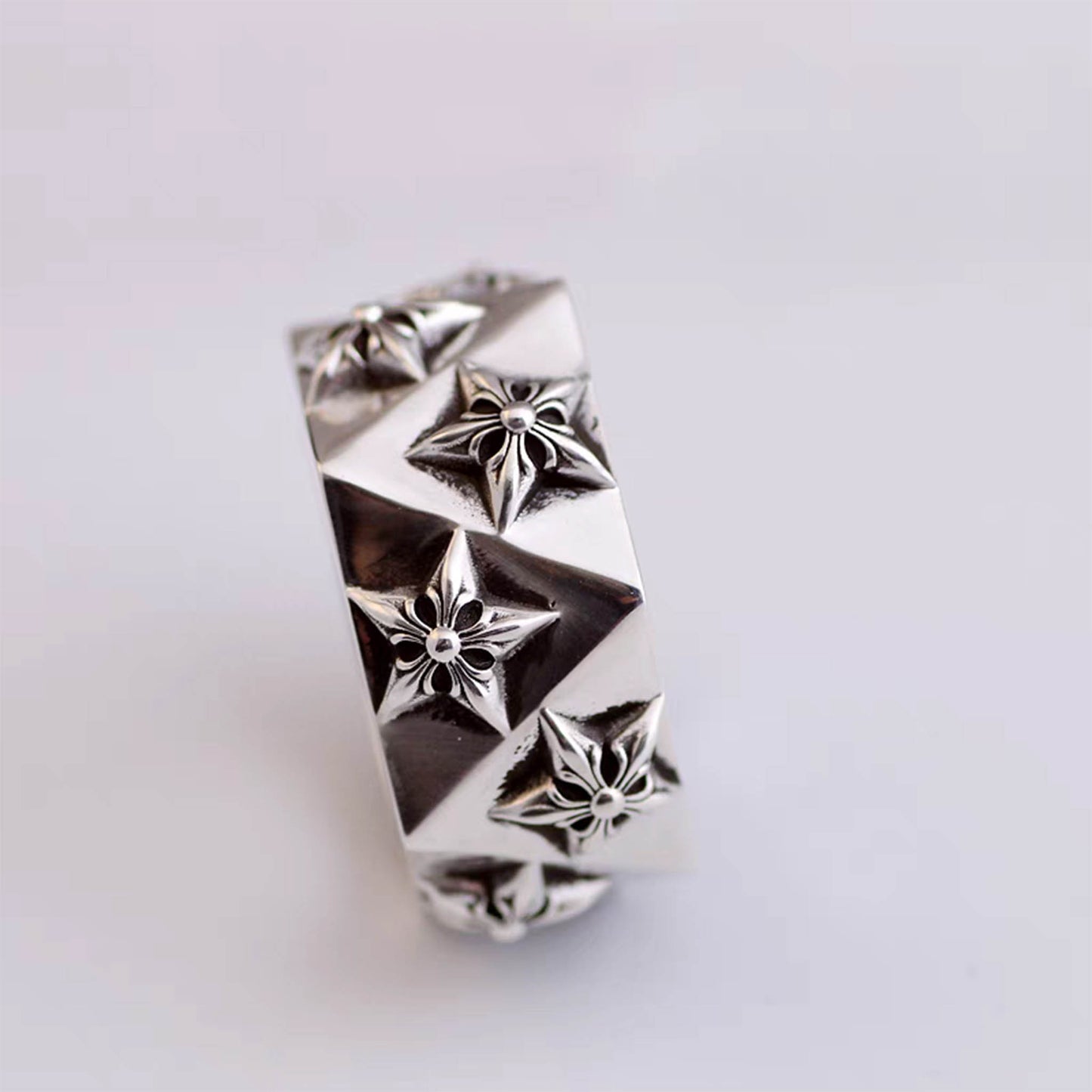 Sterling Silver Gothic Hexagon Star Pentagon Ring, Chrome Hearts Punk Statement Silver Rings