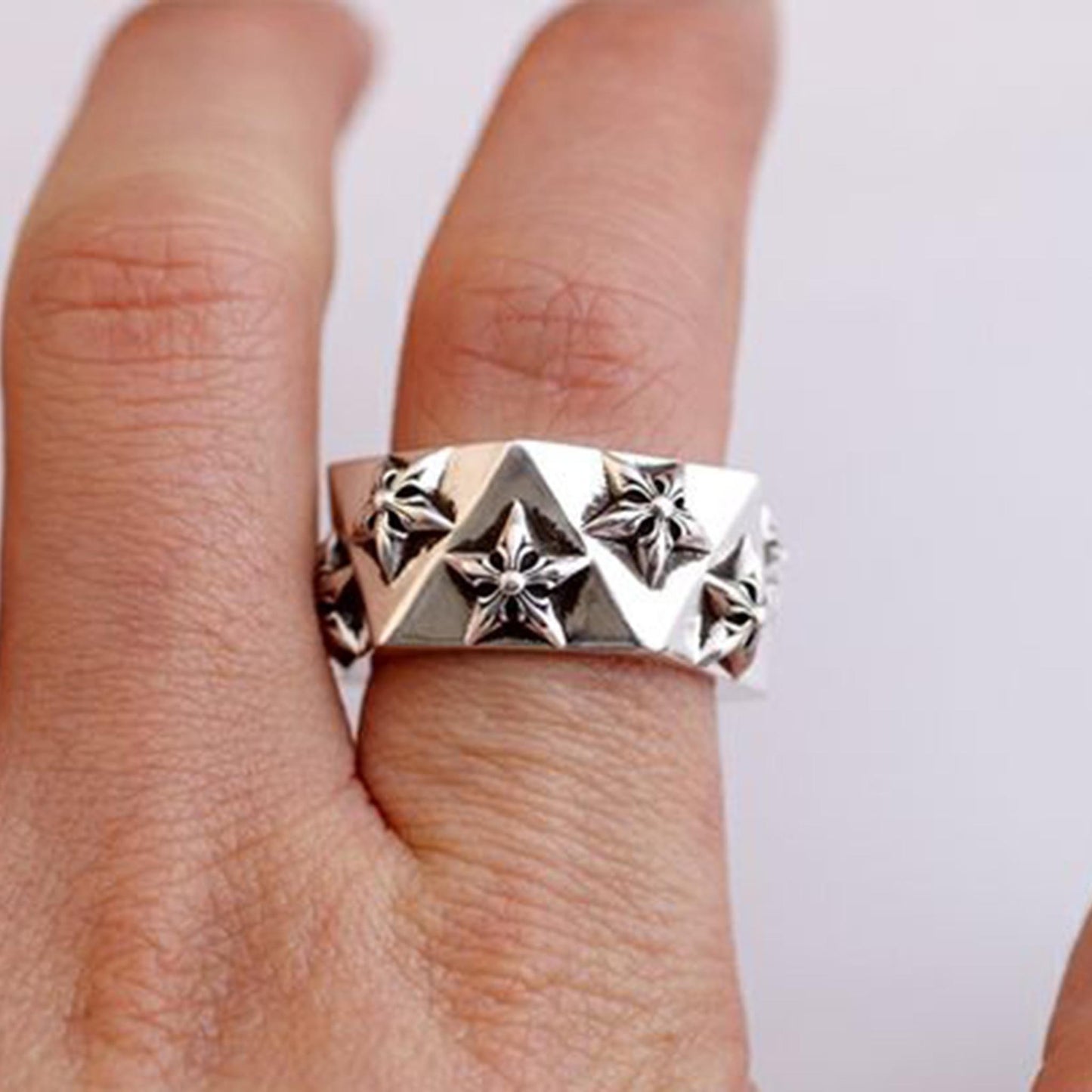 Sterling Silver Gothic Hexagon Star Pentagon Ring, Chrome Hearts Punk Statement Silver Rings