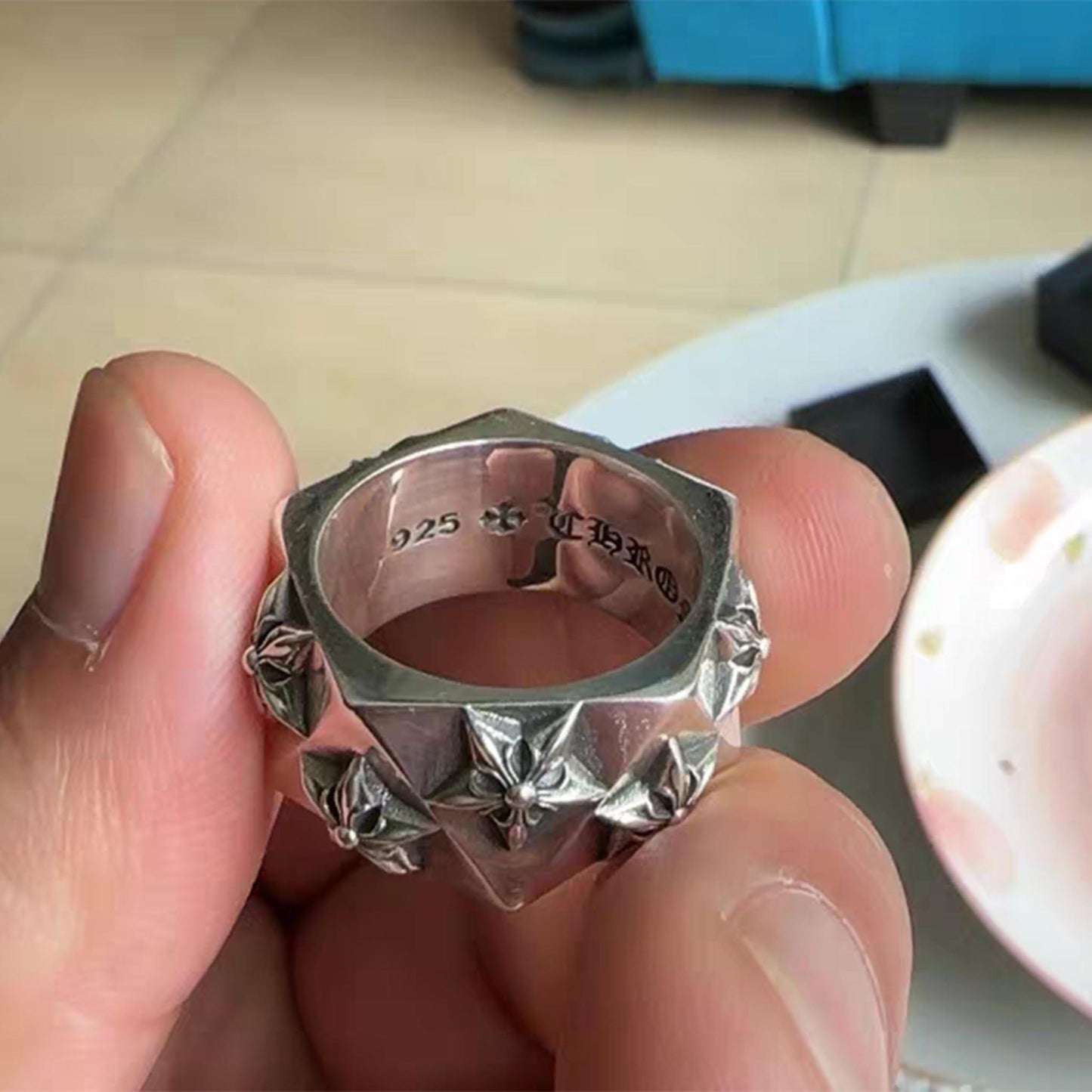 Sterling Silver Gothic Hexagon Star Pentagon Ring, Chrome Hearts Punk Statement Silver Rings