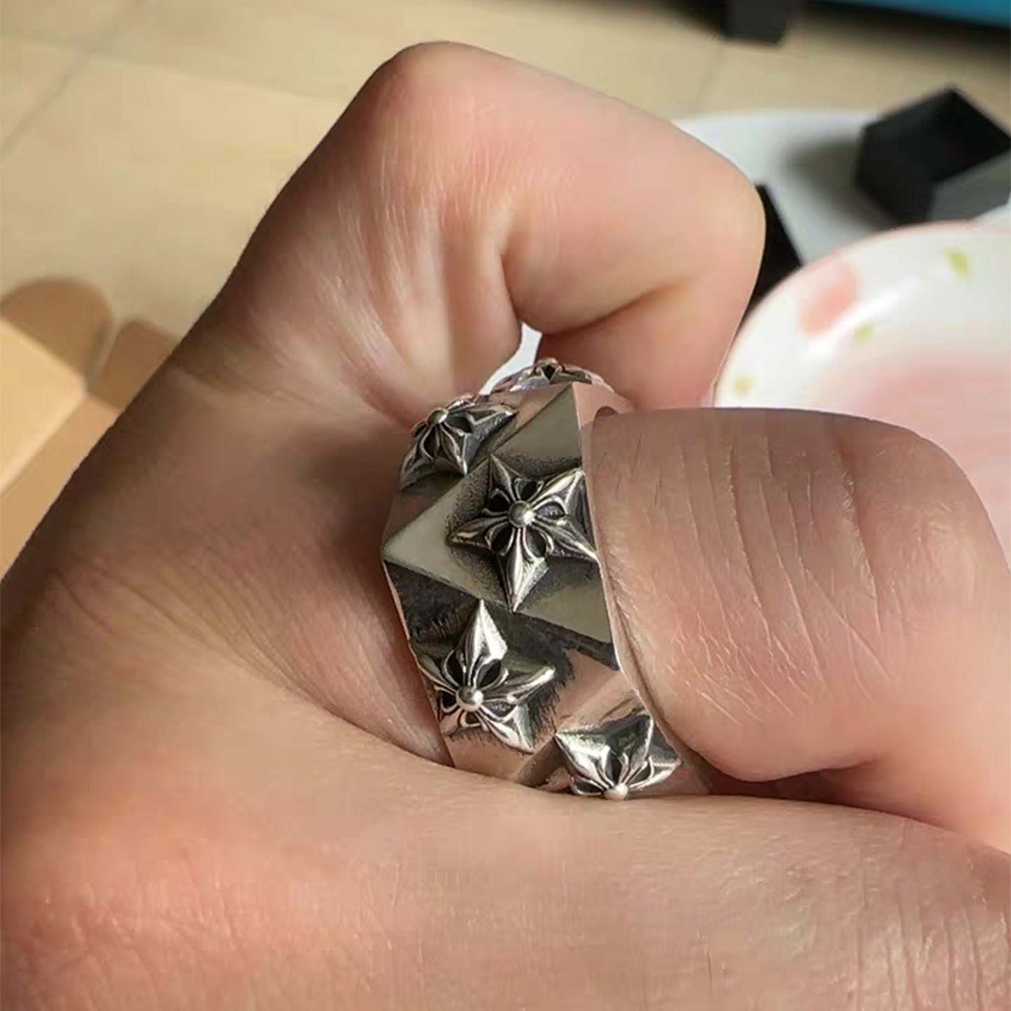 Sterling Silver Gothic Hexagon Star Pentagon Ring, Chrome Hearts Punk Statement Silver Rings