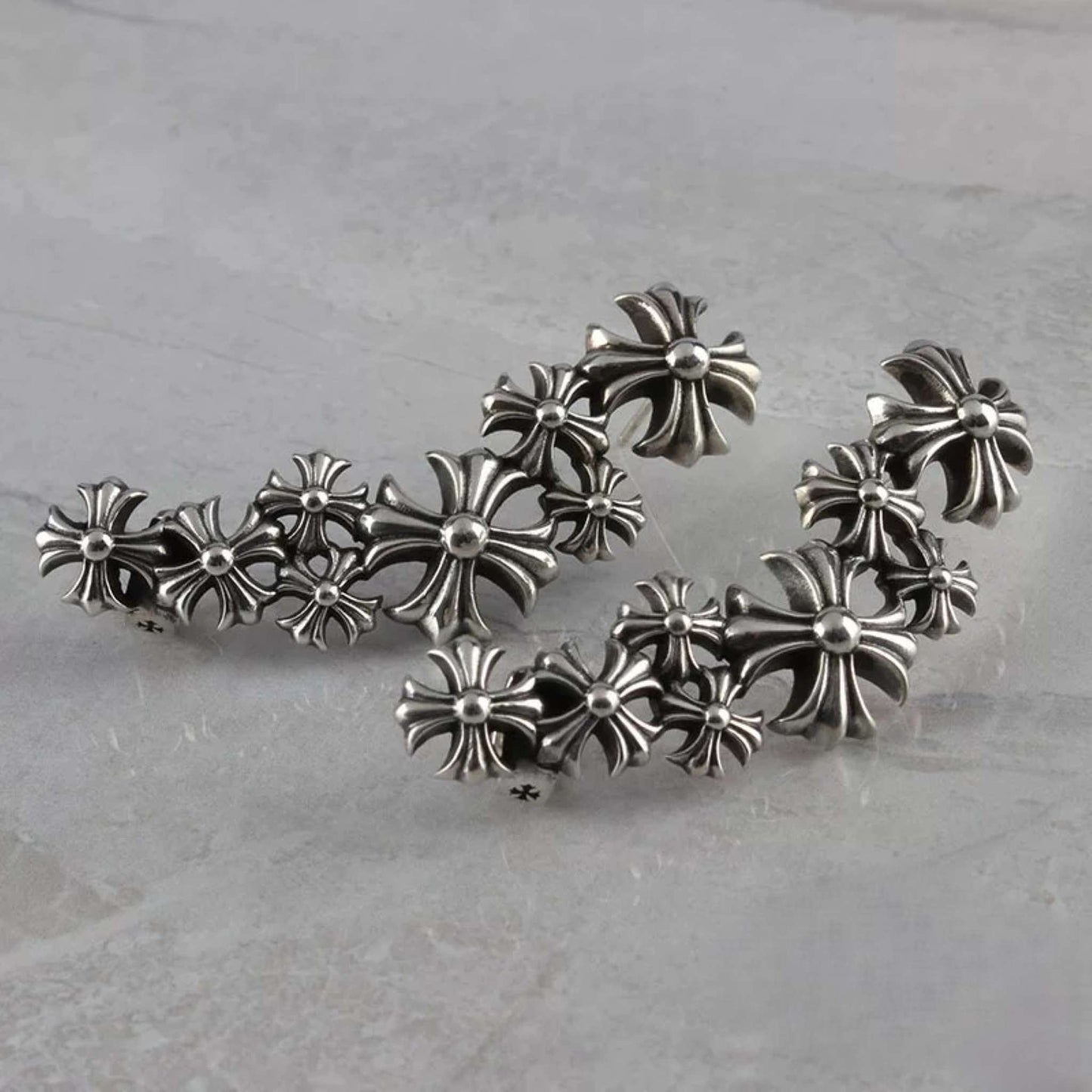 Chrome Hearts Gothic Multi-Crosses Earring, Sterling Silver Punk Statement Stud Earrings