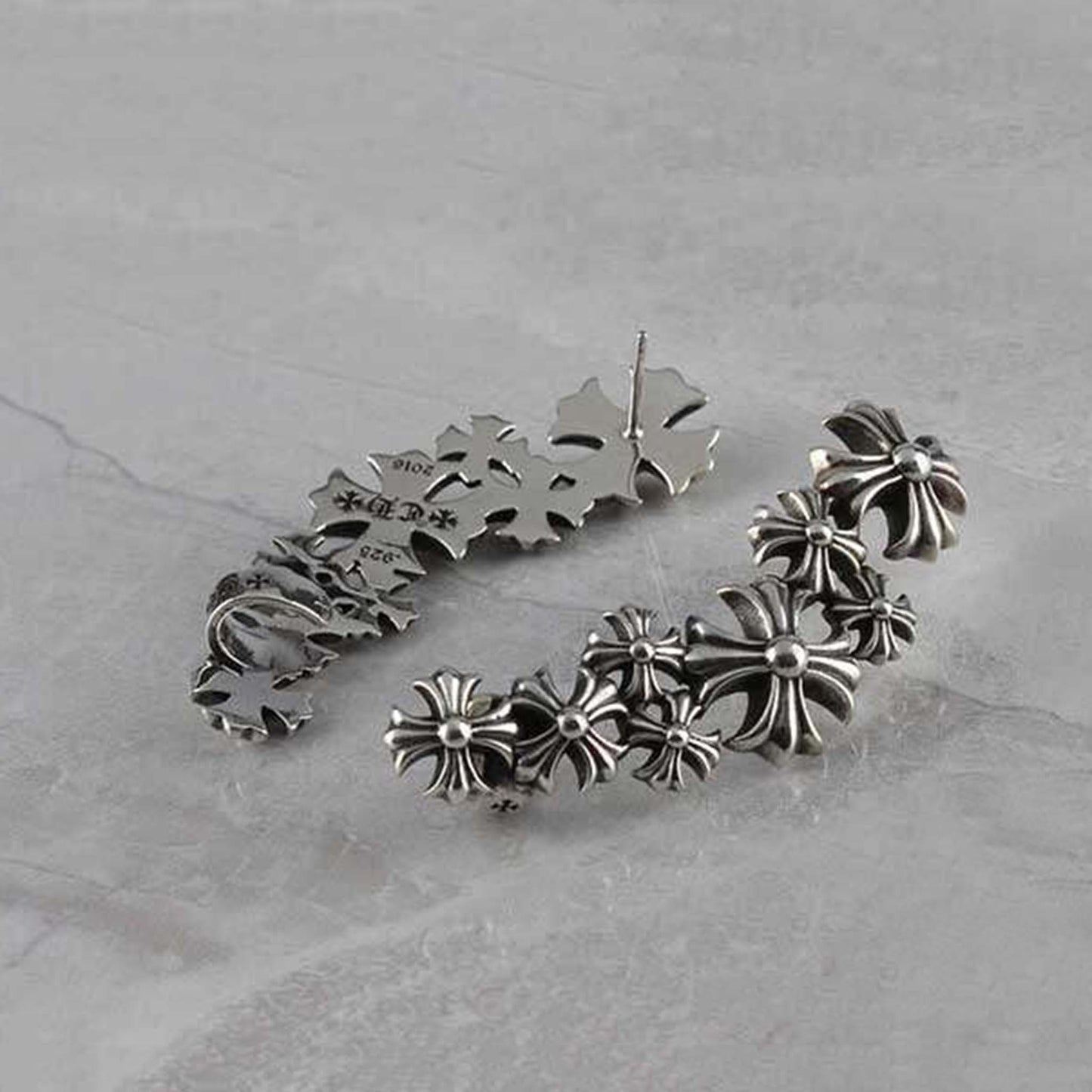 Chrome Hearts Gothic Multi-Crosses Earring, Sterling Silver Punk Statement Stud Earrings