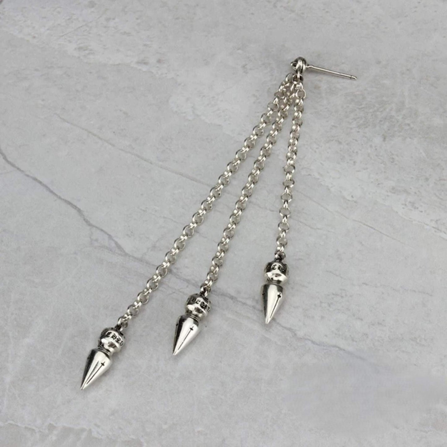 Chrome Hearts Three Bullets Tassel Earring, CH Sterling Silver Punk Statement Dangle Earrings