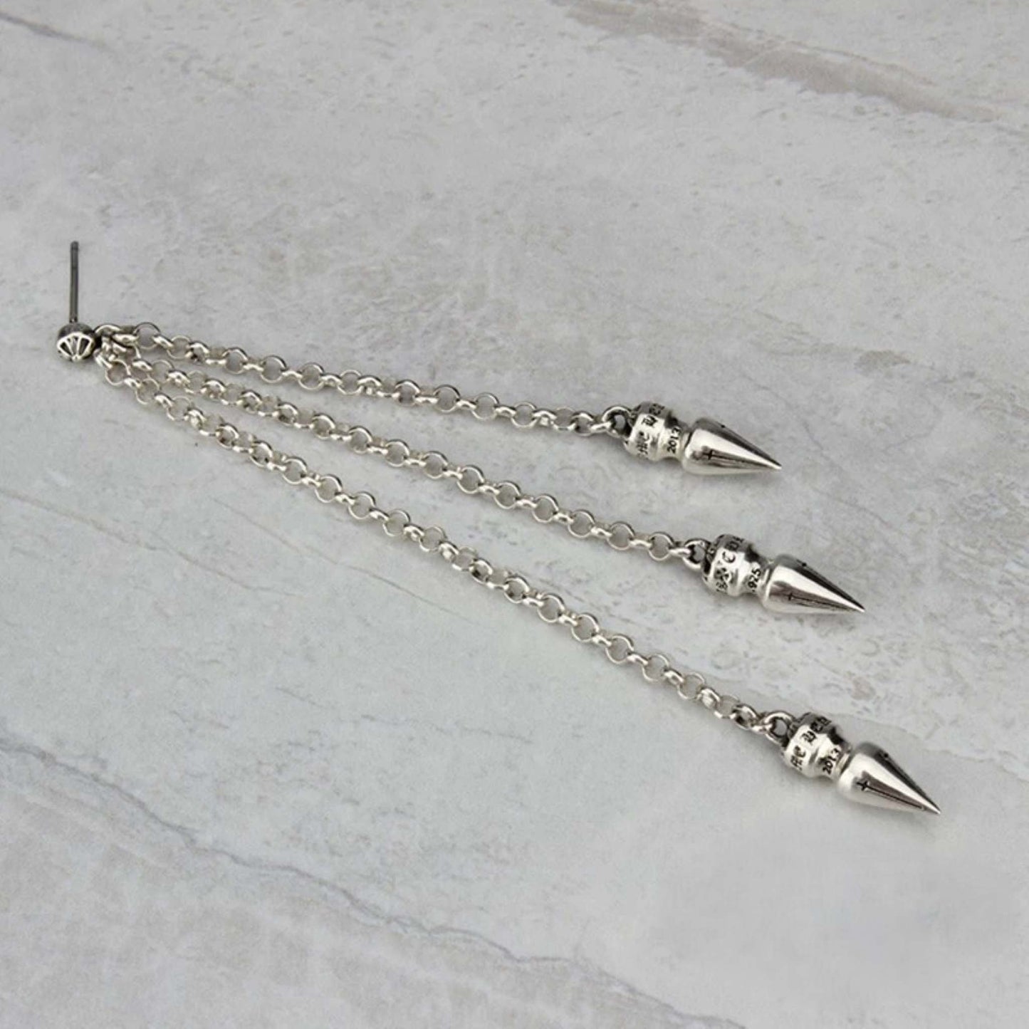Chrome Hearts Three Bullets Tassel Earring, CH Sterling Silver Punk Statement Dangle Earrings