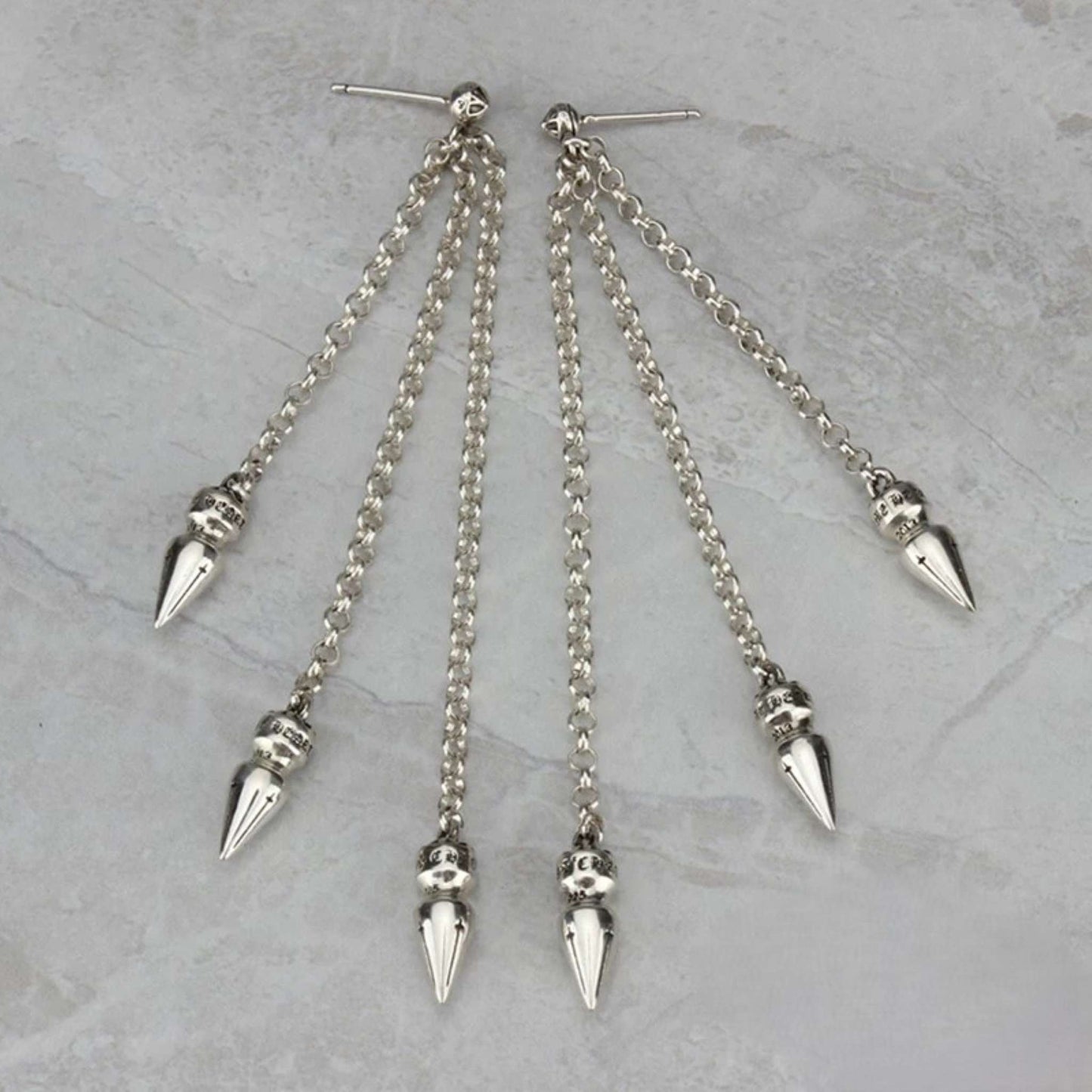 Chrome Hearts Three Bullets Tassel Earring, CH Sterling Silver Punk Statement Dangle Earrings