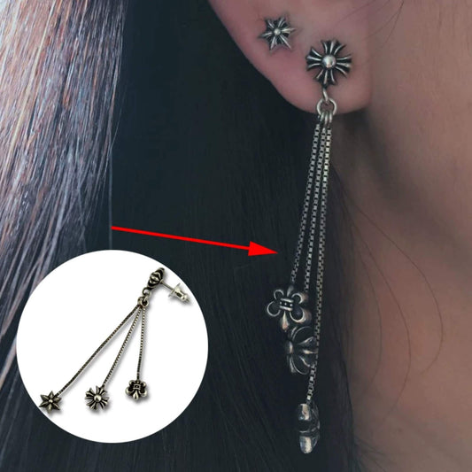 Chrome Hearts Gothic Cross Tassel Earring, Sterling Silver Punk Statement Dangle Earrings