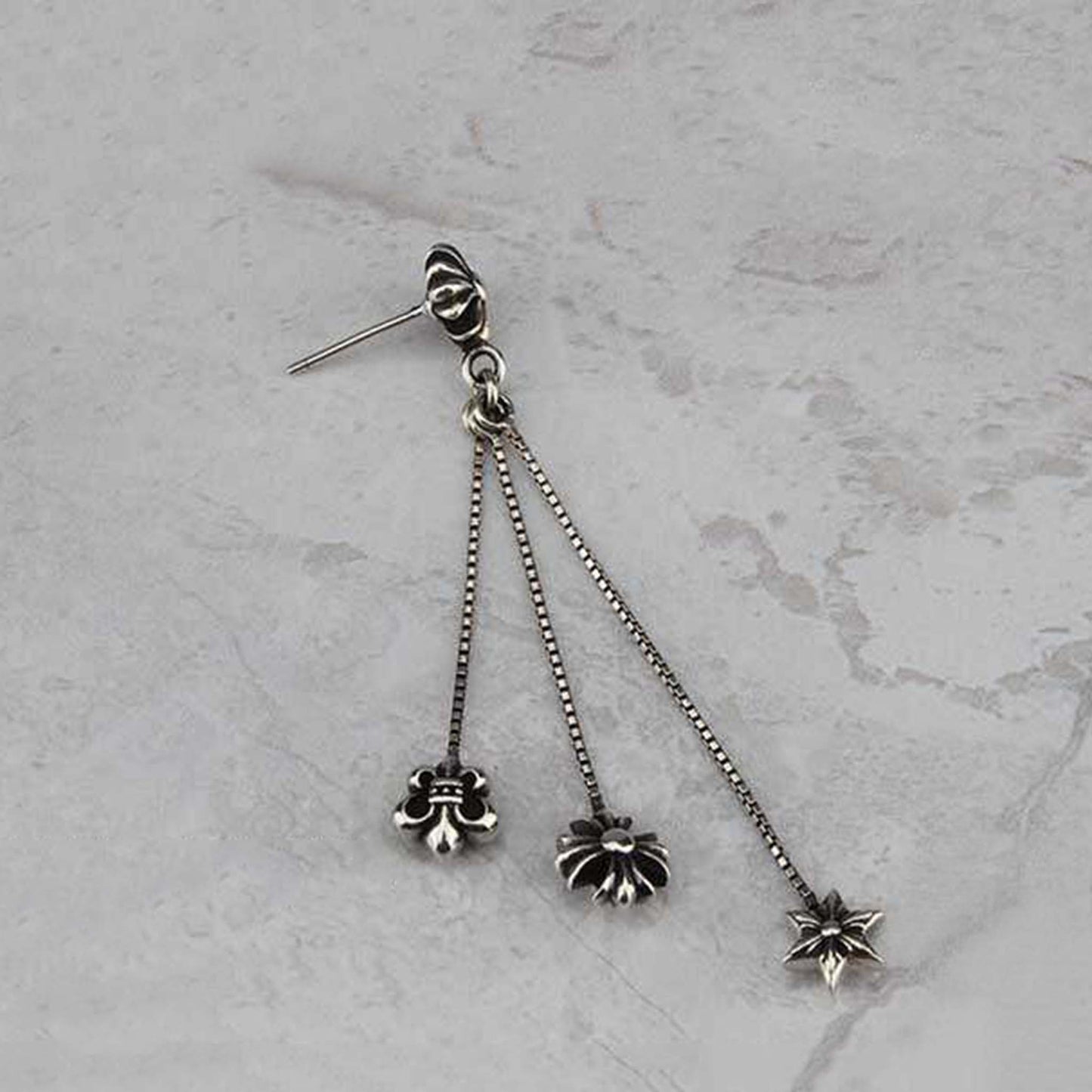 Chrome Hearts Gothic Cross Tassel Earring, Sterling Silver Punk Statement Dangle Earrings