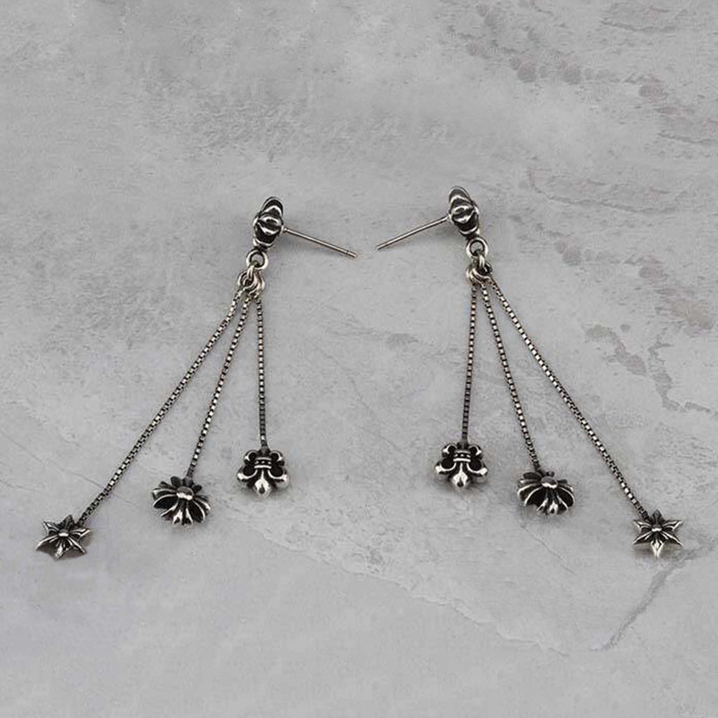 Chrome Hearts Gothic Cross Tassel Earring, Sterling Silver Punk Statement Dangle Earrings