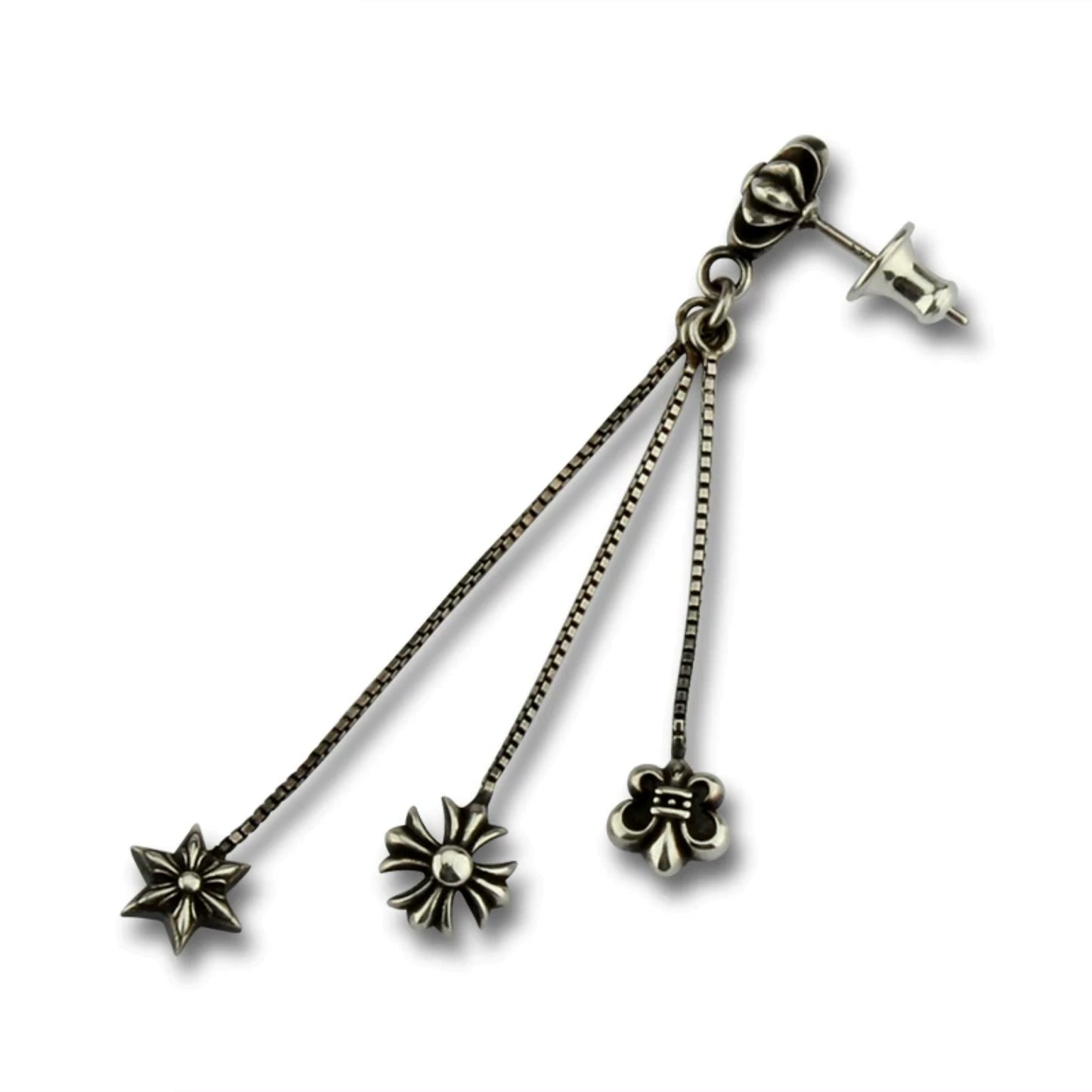 Chrome Hearts Gothic Cross Tassel Earring, Sterling Silver Punk Statement Dangle Earrings