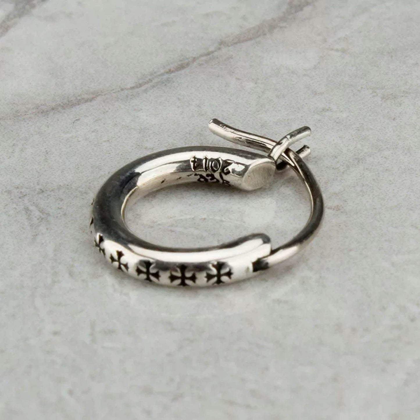 Chrome Hearts Gothic Tiny Crosses Hoop Earrings, 925 Silver Punk Statement Earrings