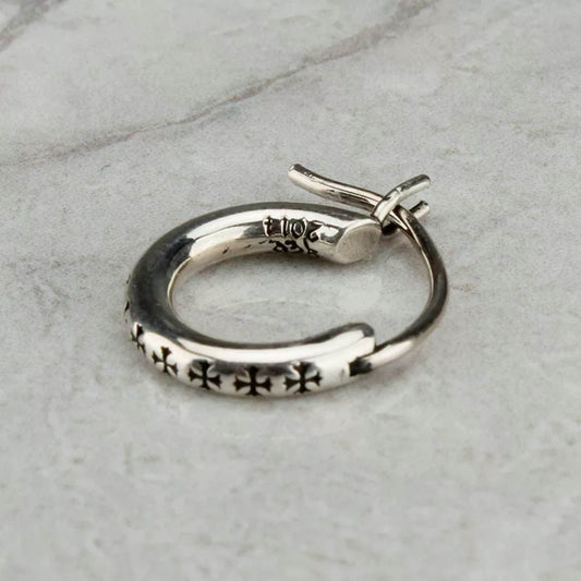 Chrome Hearts Gothic Tiny Crosses Hoop Earrings, 925 Silver Punk Statement Earrings