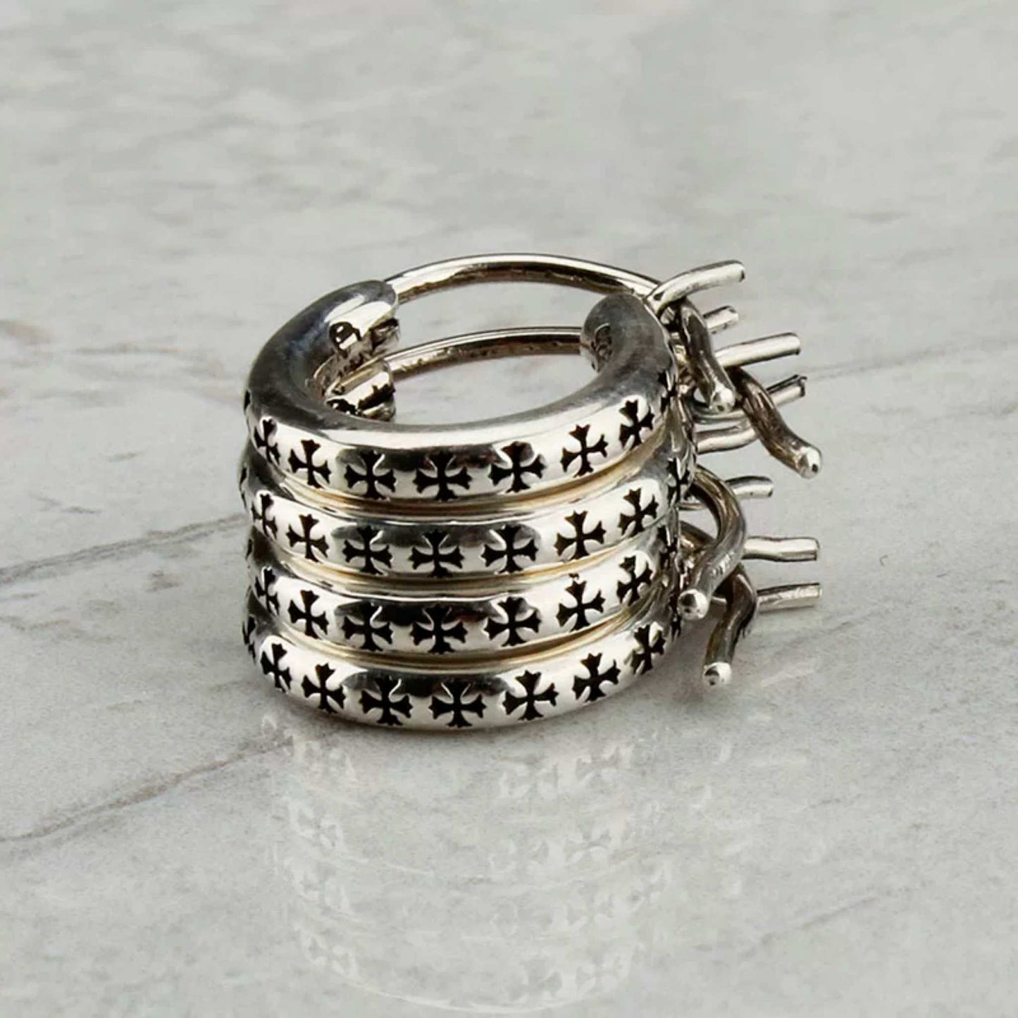 Chrome Hearts Gothic Tiny Crosses Hoop Earrings, 925 Silver Punk Statement Earrings