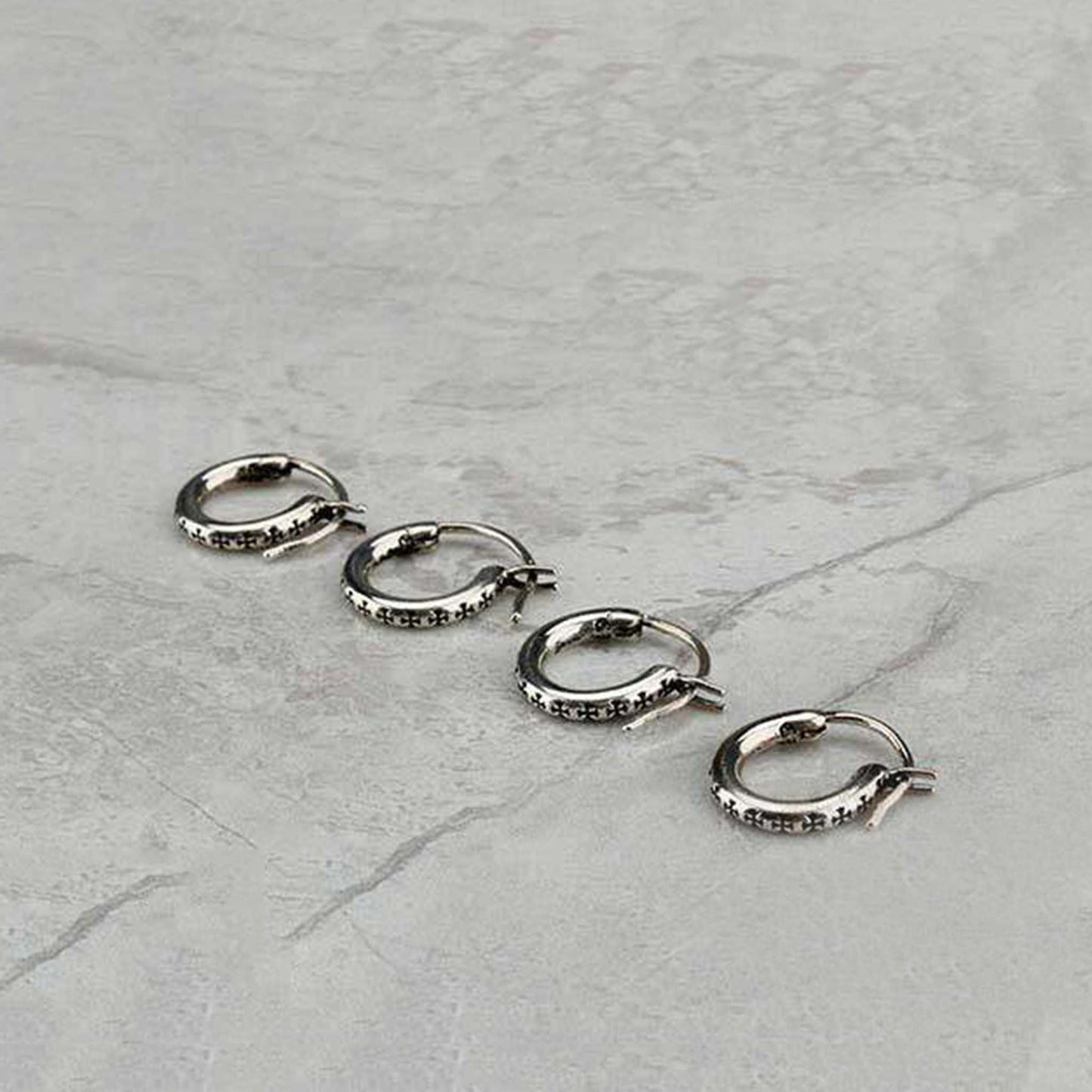 Chrome Hearts Gothic Tiny Crosses Hoop Earrings, 925 Silver Punk Statement Earrings