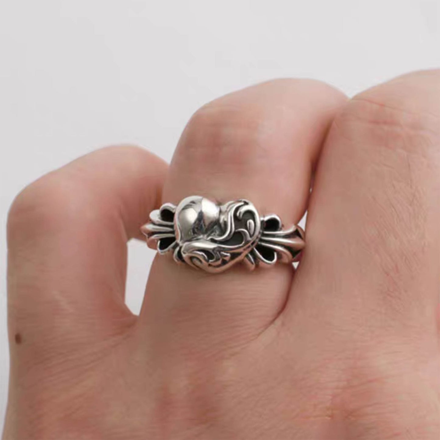 Sterling Silver Gothic Heart Shape Ring, Chrome Hearts Punk Statement Rings