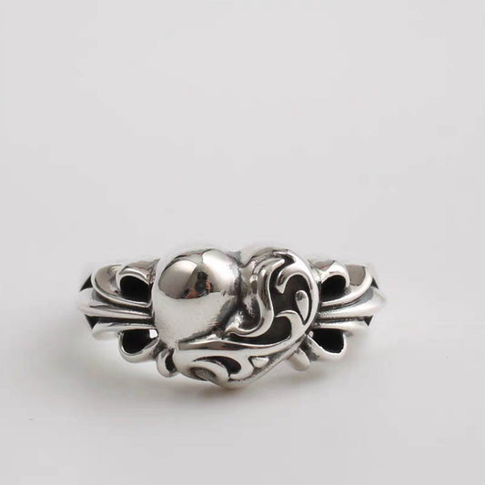 Sterling Silver Gothic Heart Shape Ring, Chrome Hearts Punk Statement Rings