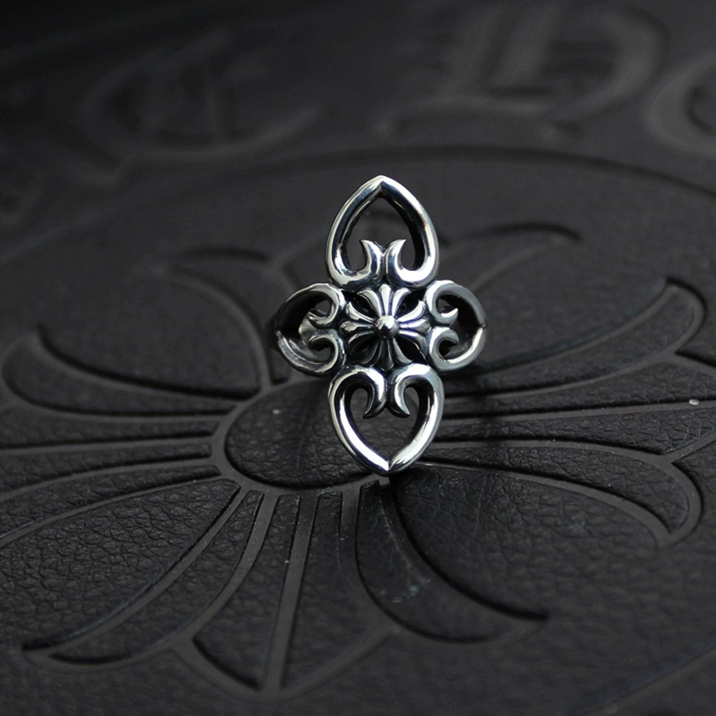 925 Silver Hollow Cross Flower Shape Ring, Chrome Hearts Punk Statement Ring for Couples