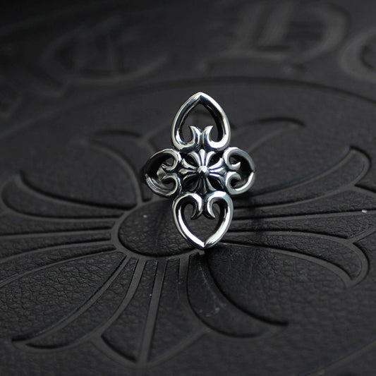 925 Silver Hollow Cross Flower Shape Ring, Chrome Hearts Punk Statement Ring for Couples