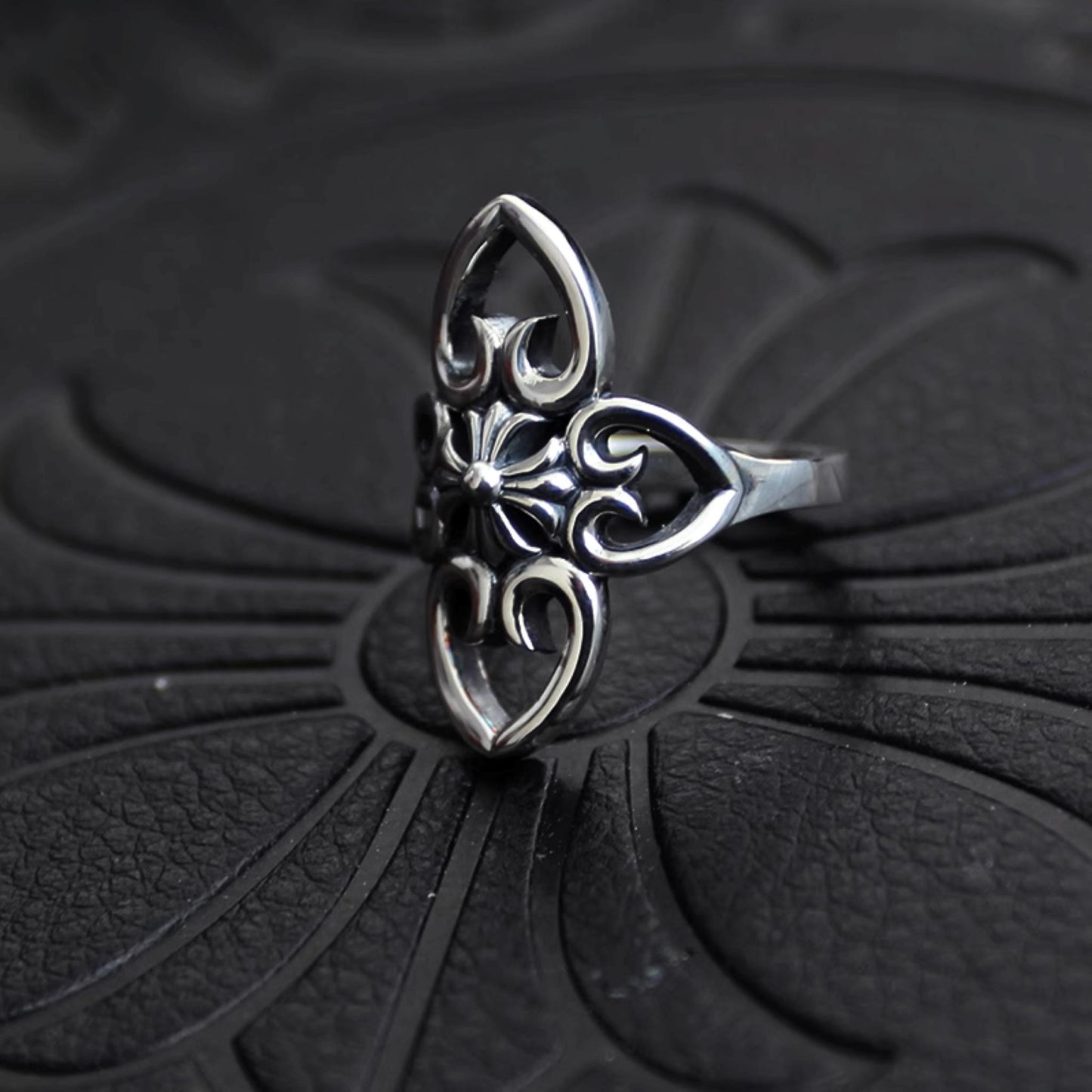 925 Silver Hollow Cross Flower Shape Ring, Chrome Hearts Punk Statement Ring for Couples