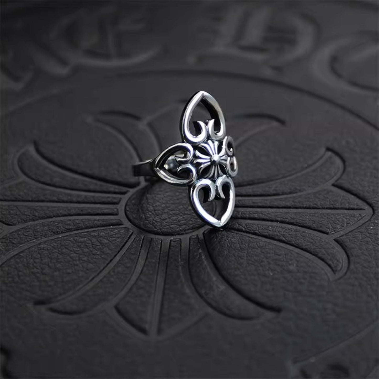 925 Silver Hollow Cross Flower Shape Ring, Chrome Hearts Punk Statement Ring for Couples